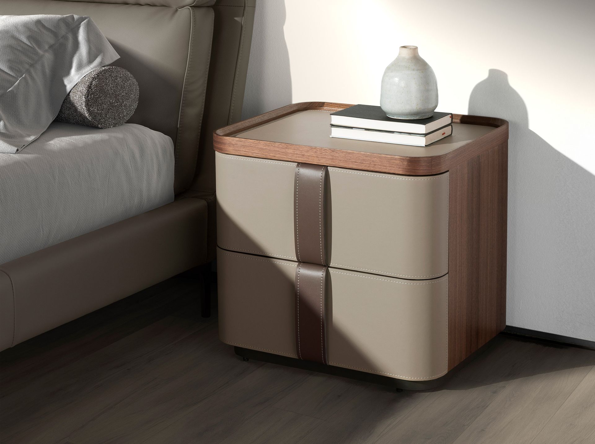 Leatherette bedside table, walnut and polished steel base