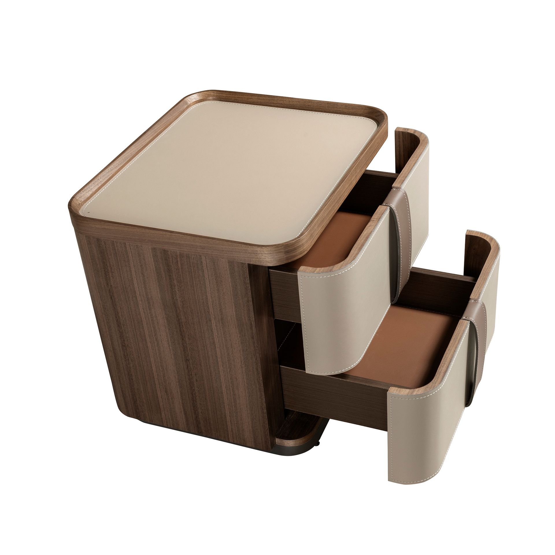 Leatherette bedside table, walnut and polished steel base