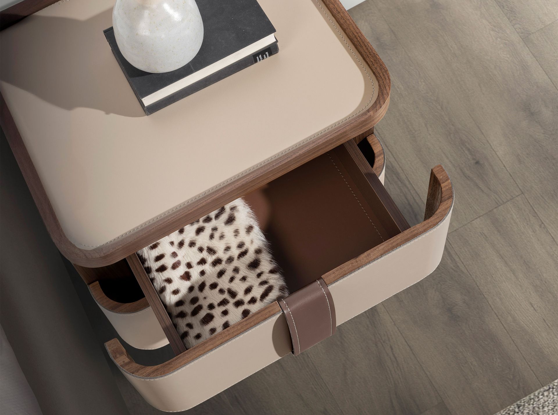 Leatherette bedside table, walnut and polished steel base