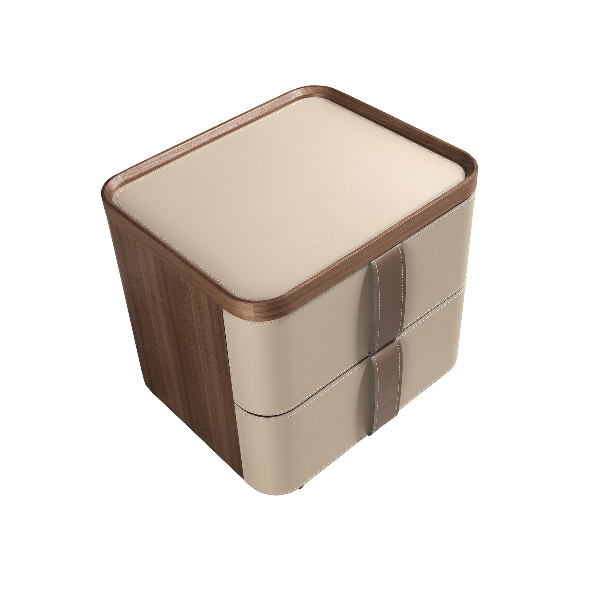 Leatherette bedside table, walnut and polished steel base