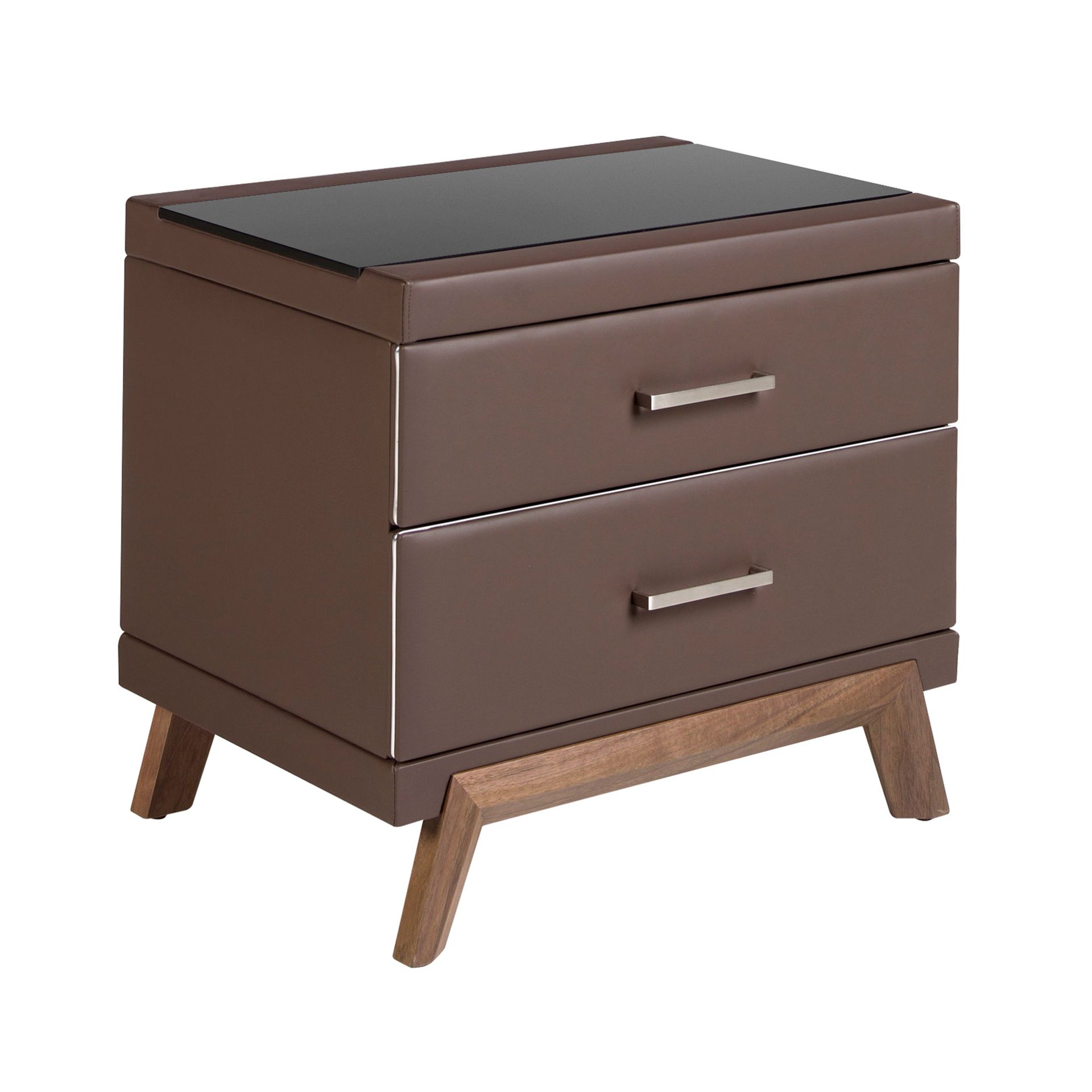Leatherette bedside table, walnut with black glass top