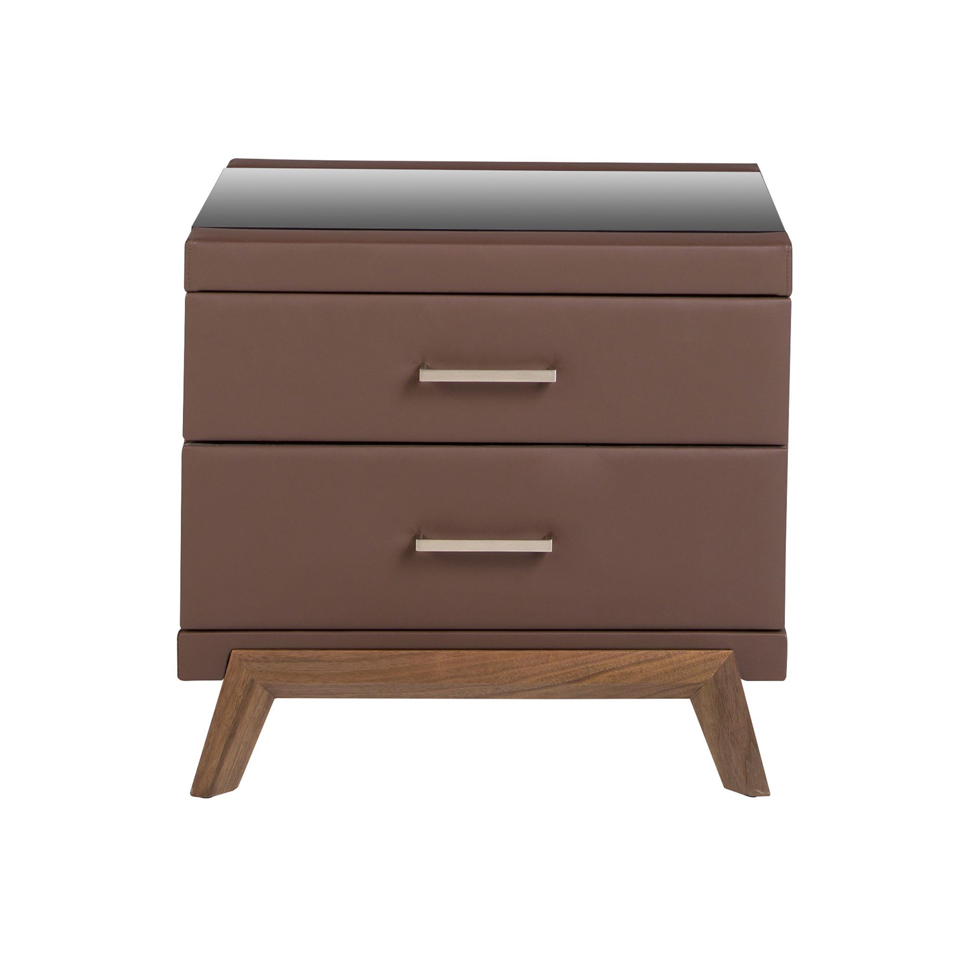 Leatherette bedside table, walnut with black glass top