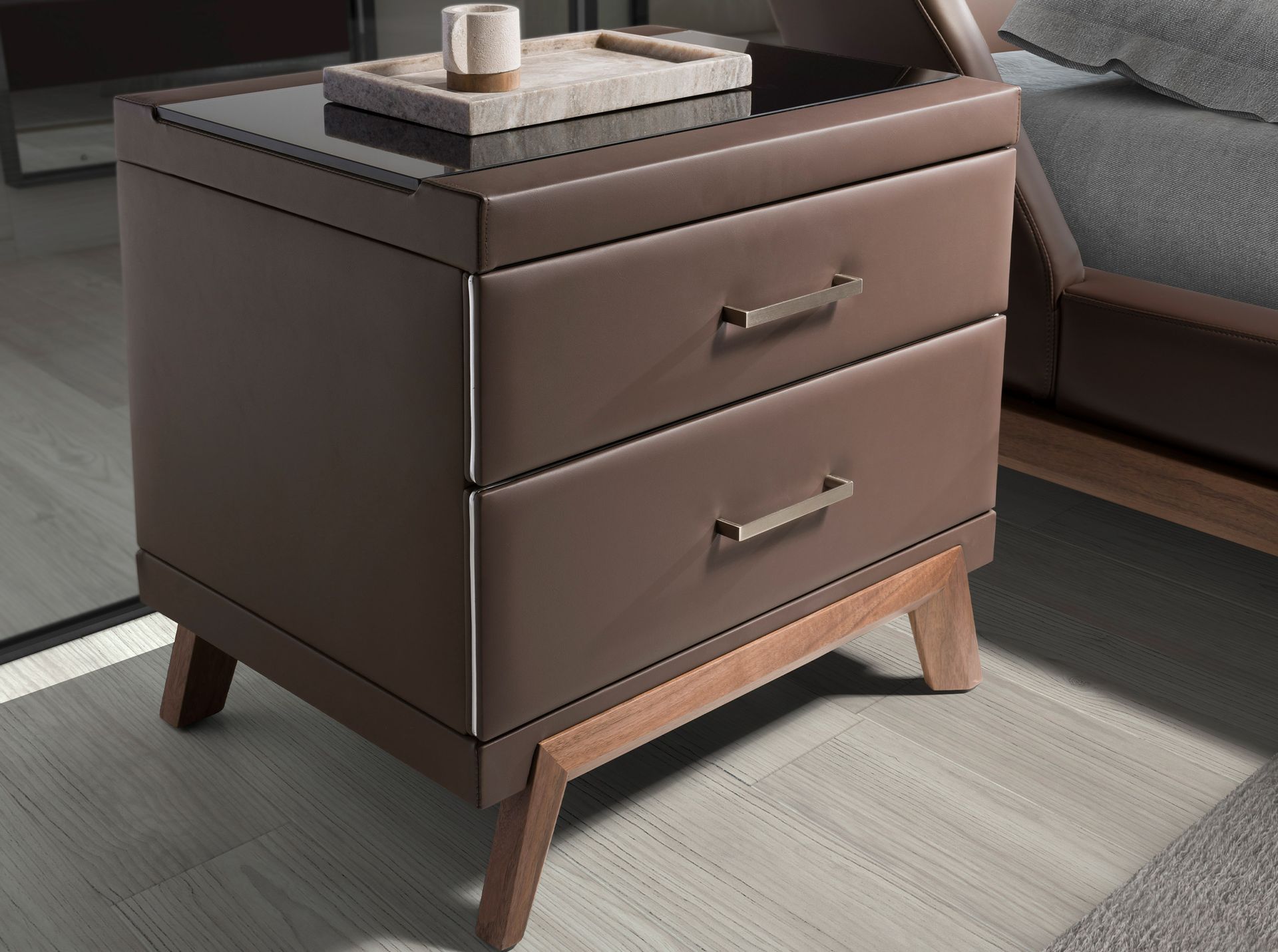 Leatherette bedside table, walnut with black glass top
