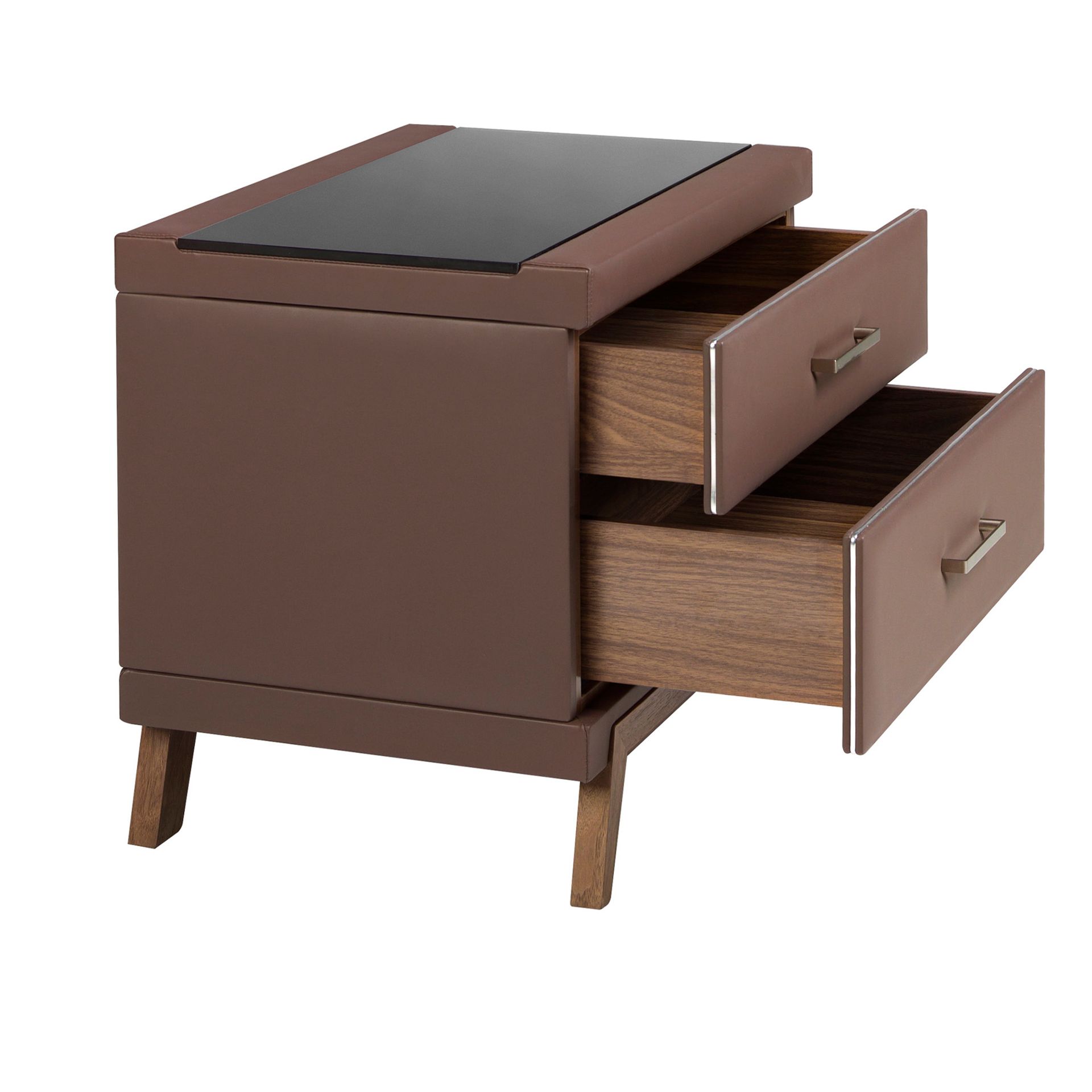 Leatherette bedside table, walnut with black glass top