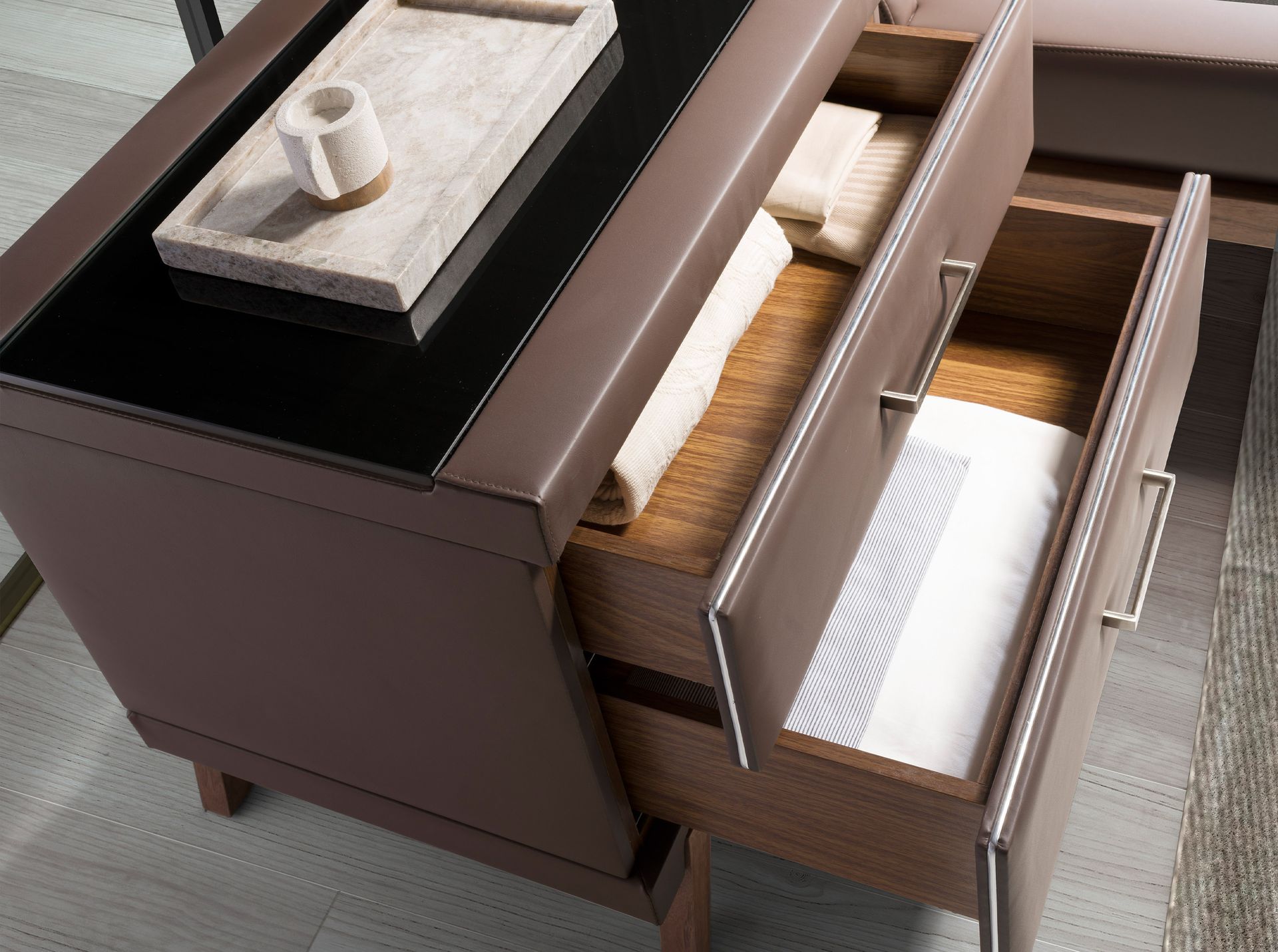 Leatherette bedside table, walnut with black glass top