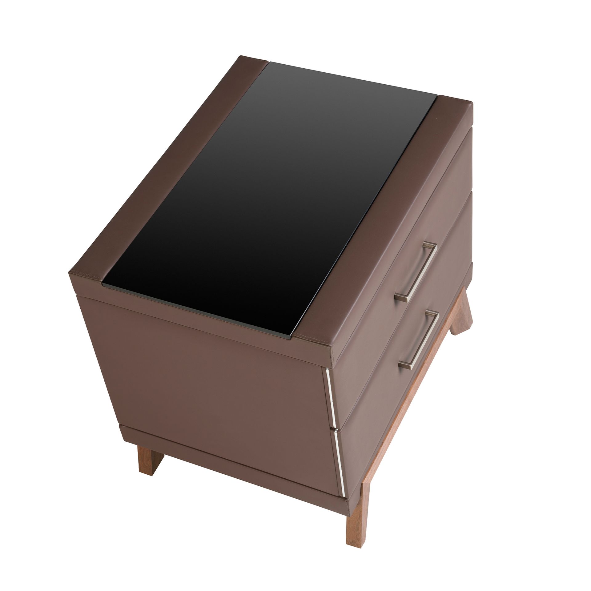 Leatherette bedside table, walnut with black glass top