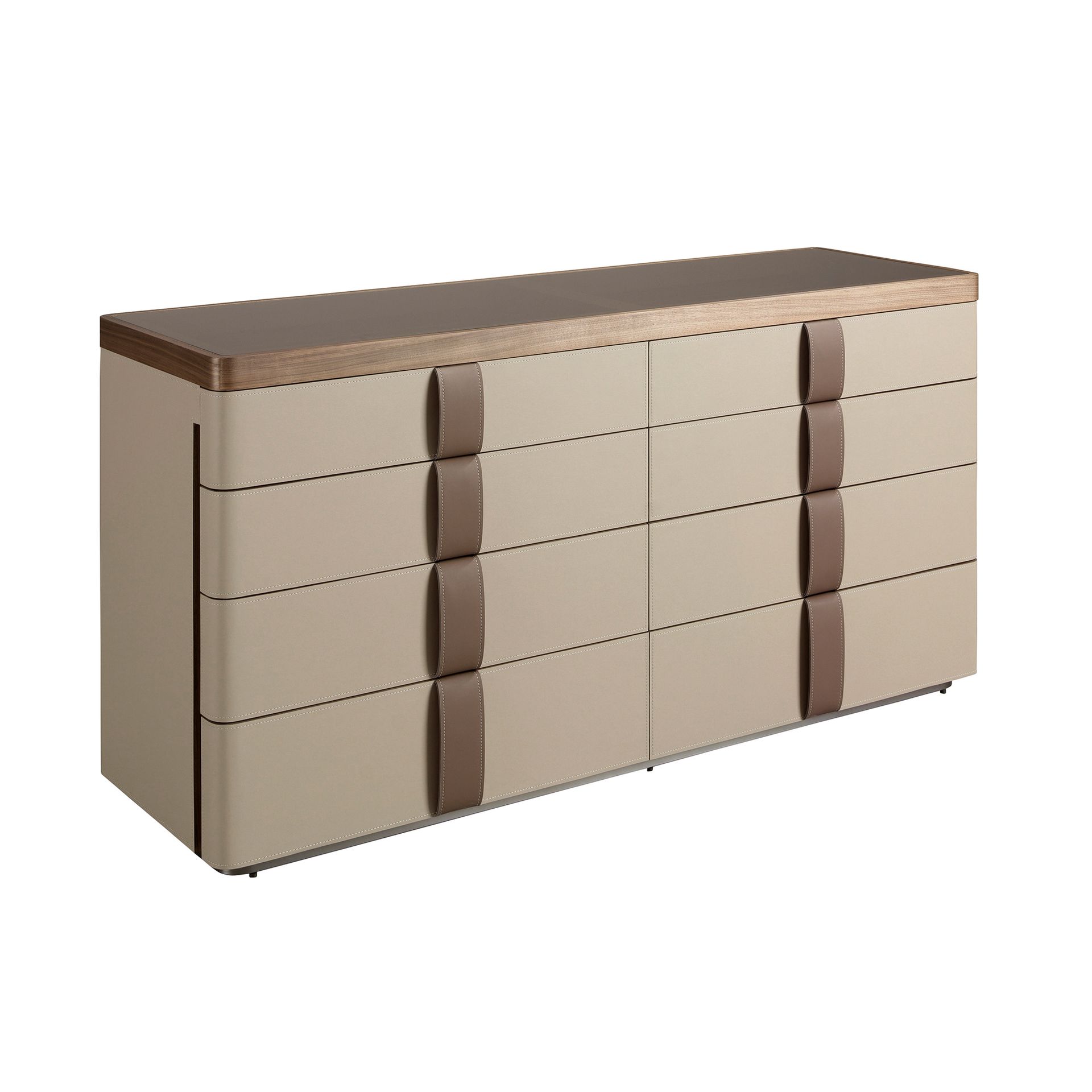 Leatherette chest of drawers, walnut, polished steel base and brown smoked glass top