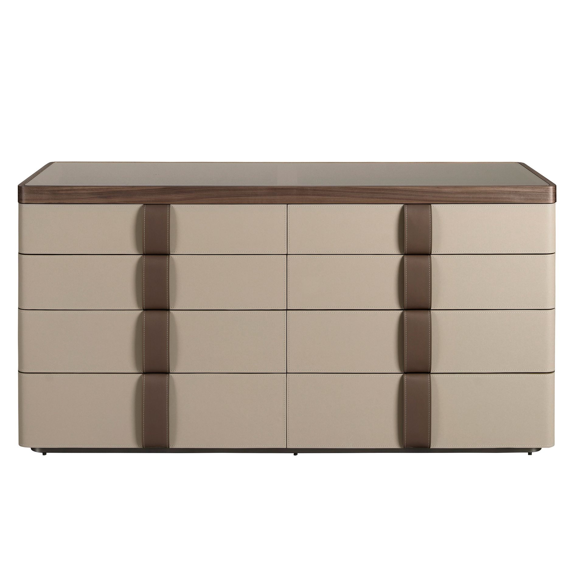 Leatherette chest of drawers, walnut, polished steel base and brown smoked glass top