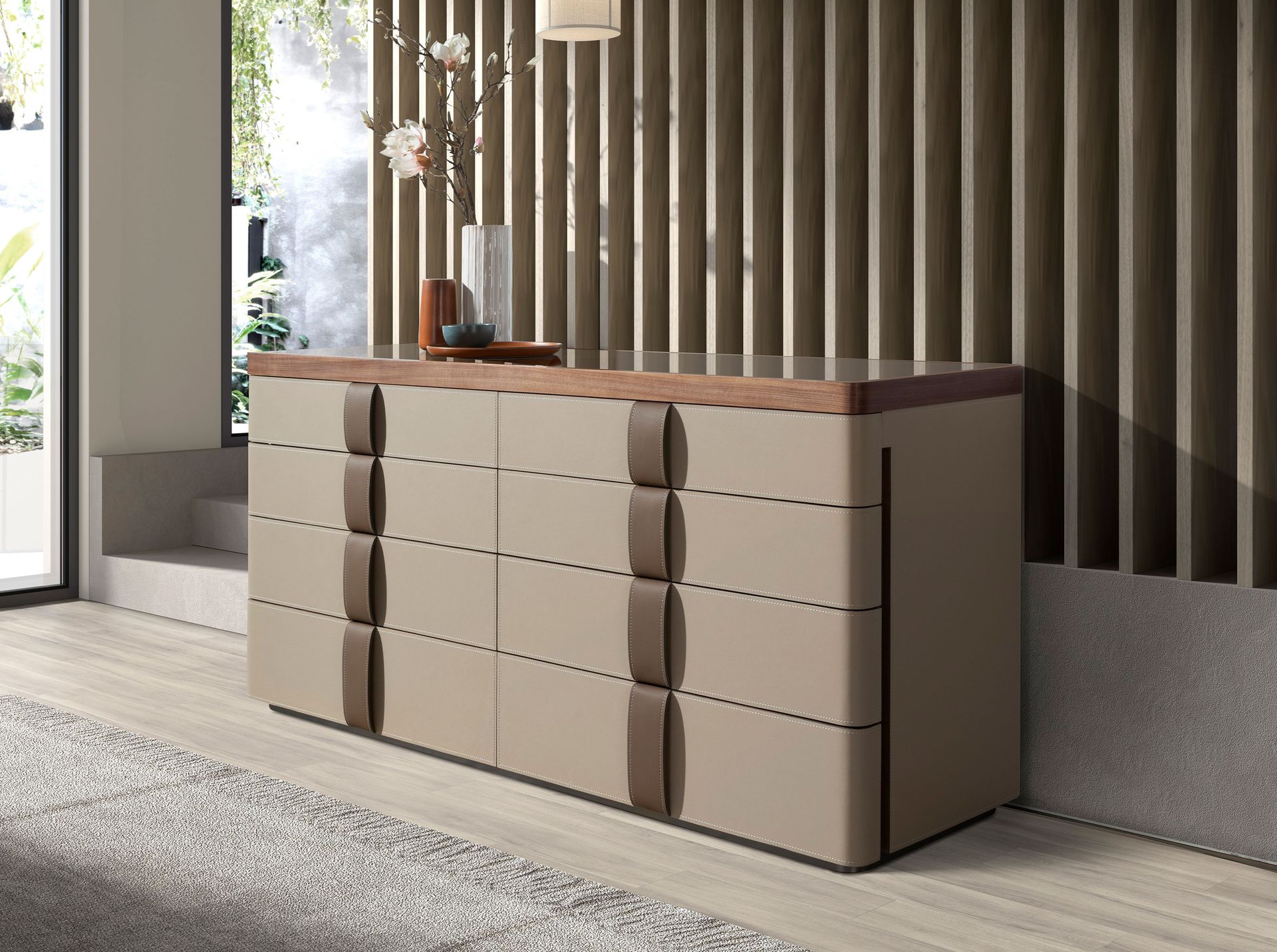 Leatherette chest of drawers, walnut, polished steel base and brown smoked glass top