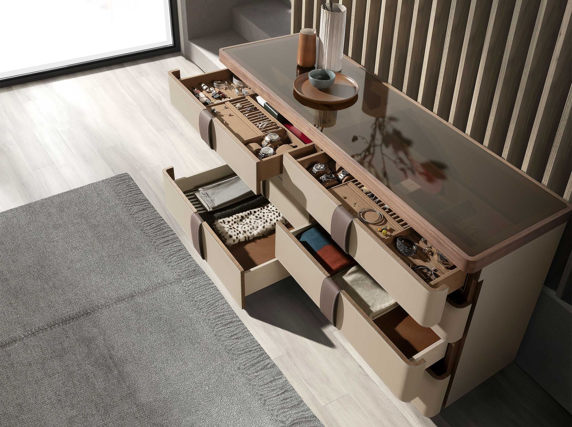 Leatherette chest of drawers, walnut, polished steel base and brown smoked glass top