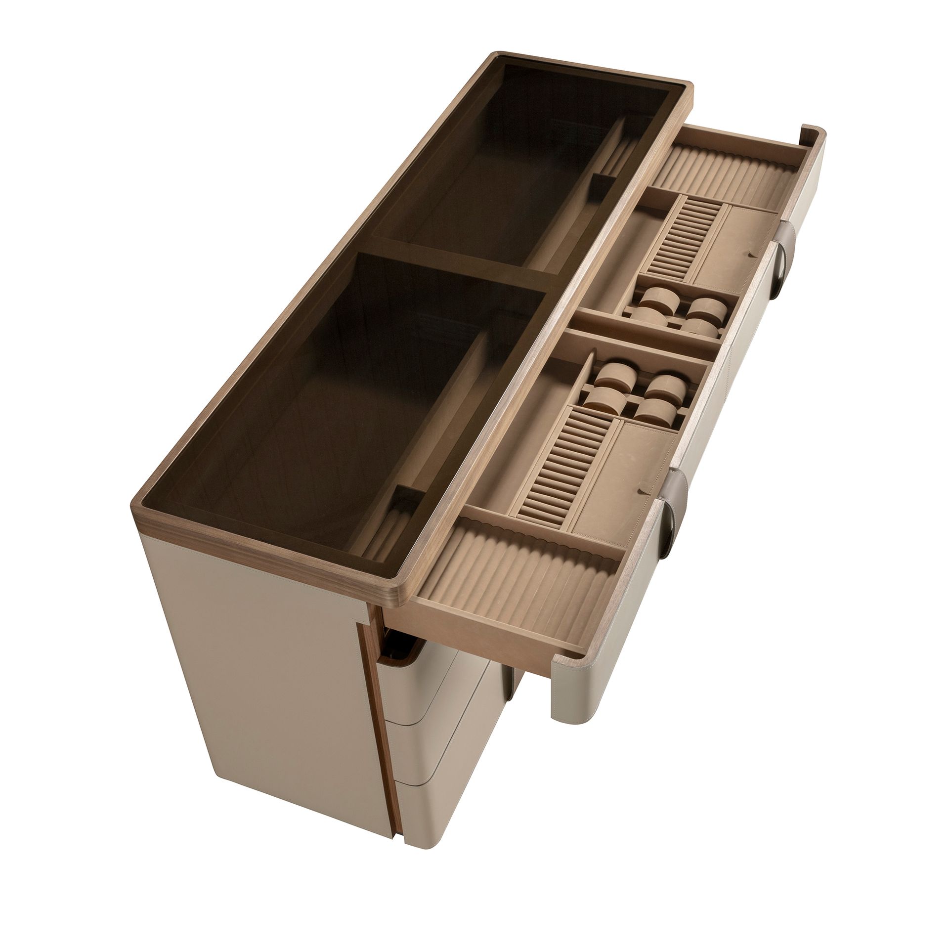 Leatherette chest of drawers, walnut, polished steel base and brown smoked glass top