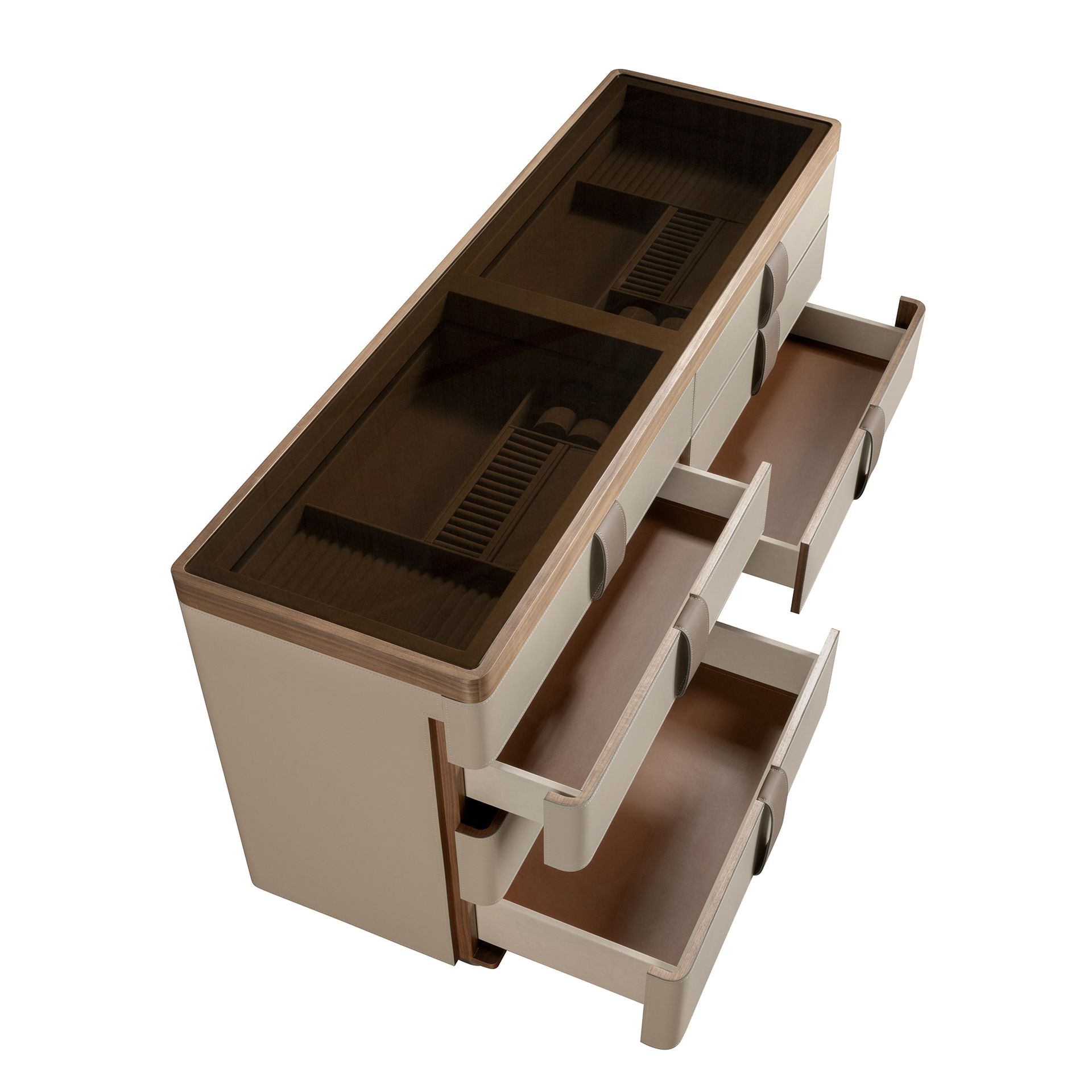 Leatherette chest of drawers, walnut, polished steel base and brown smoked glass top