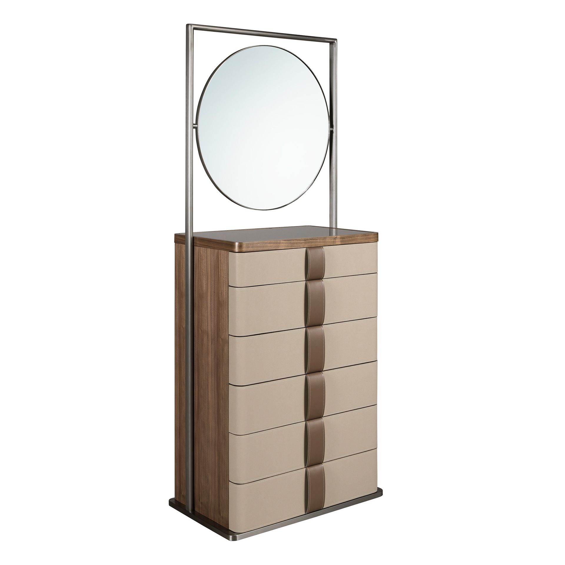 Leatherette chiffonier, walnut, grey steel and brown smoked glass top with mirror
