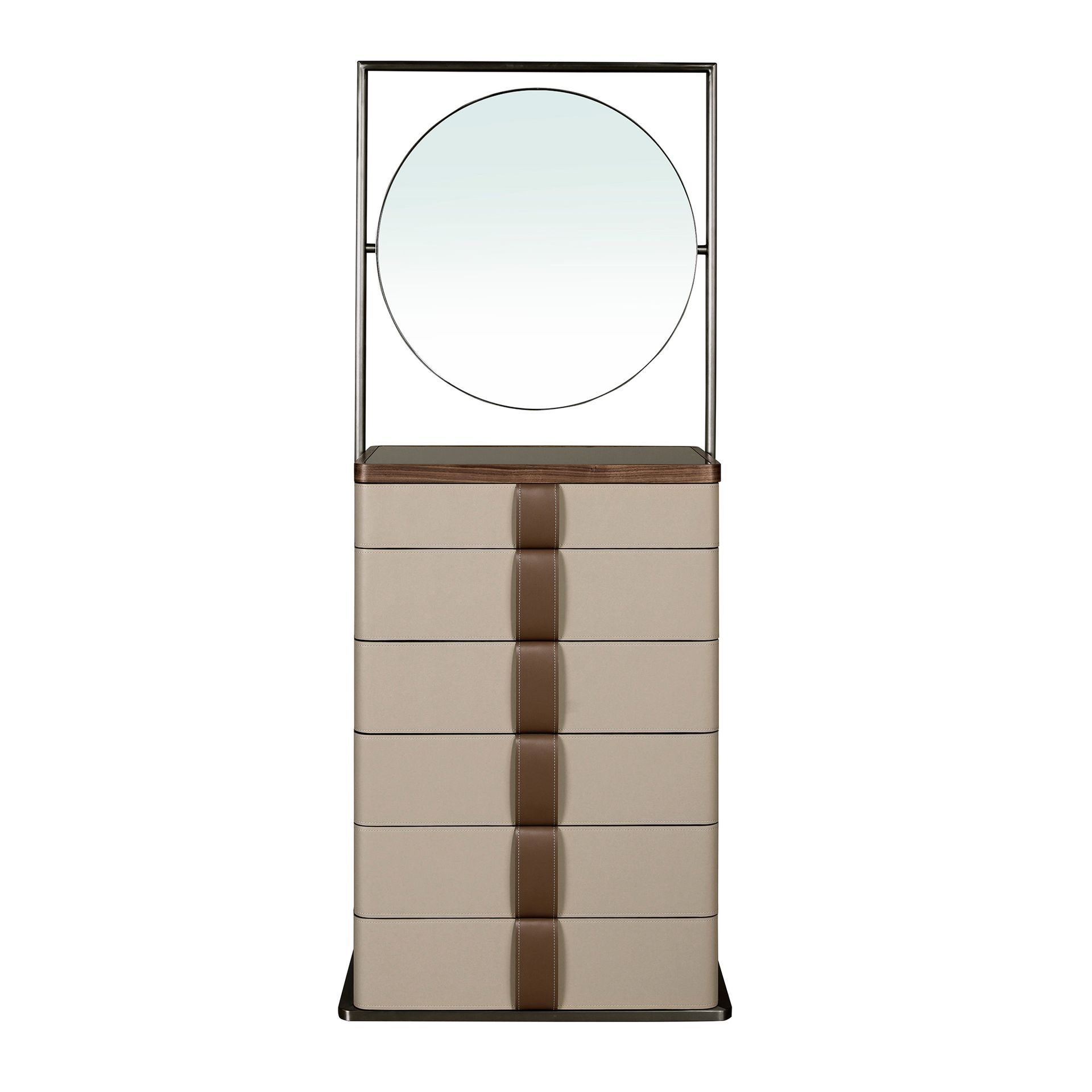 Leatherette chiffonier, walnut, grey steel and brown smoked glass top with mirror