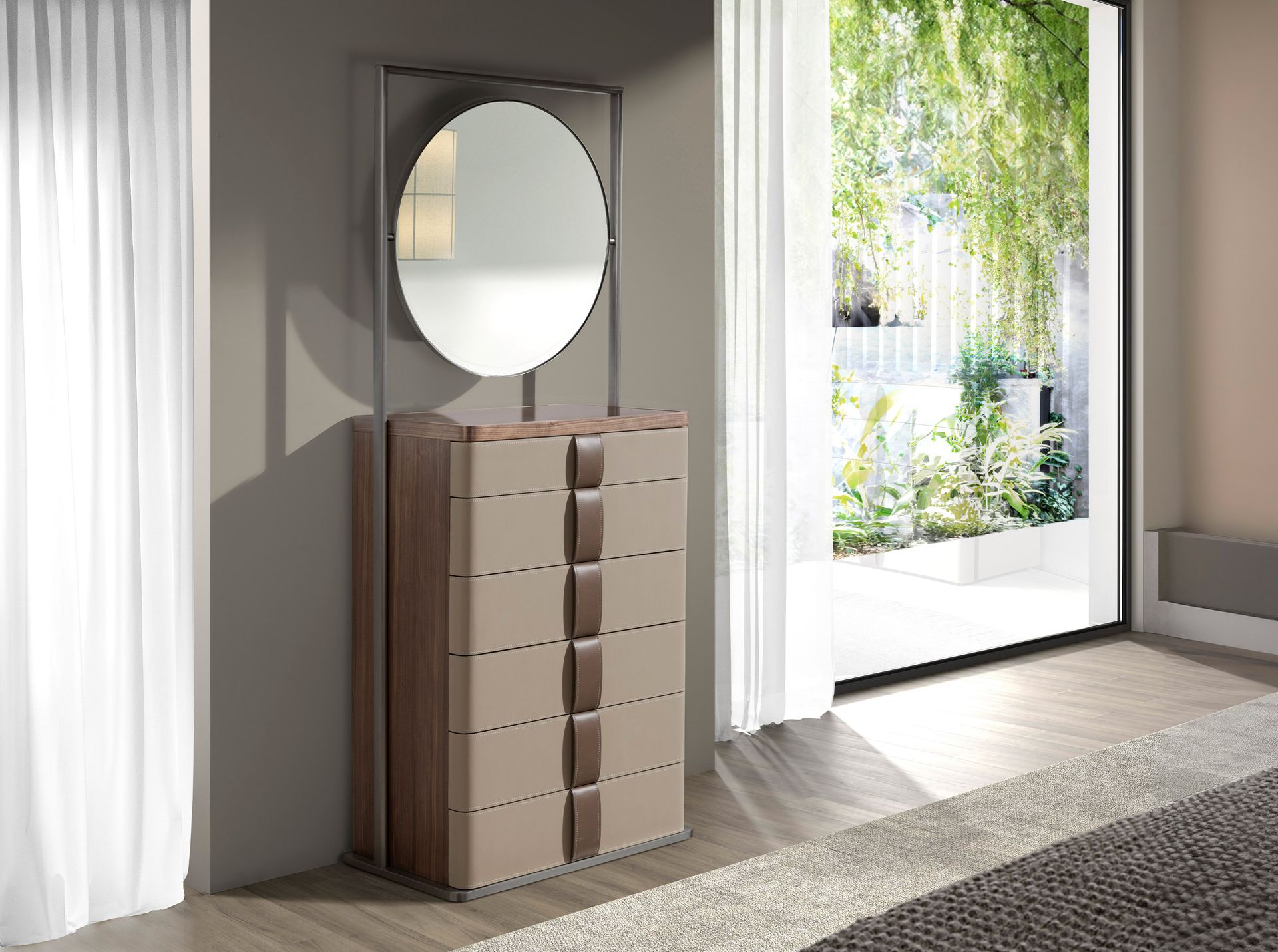 Leatherette chiffonier, walnut, grey steel and brown smoked glass top with mirror