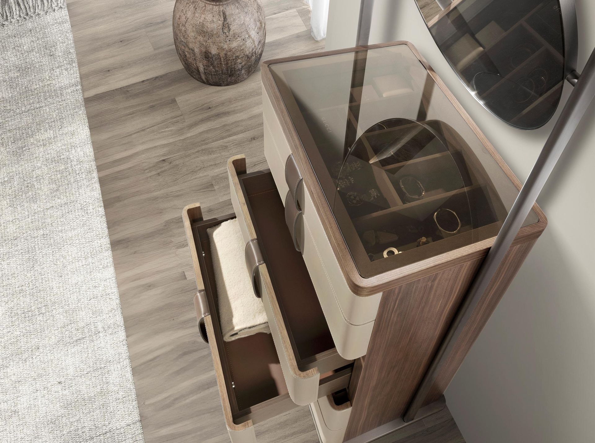Leatherette chiffonier, walnut, grey steel and brown smoked glass top with mirror