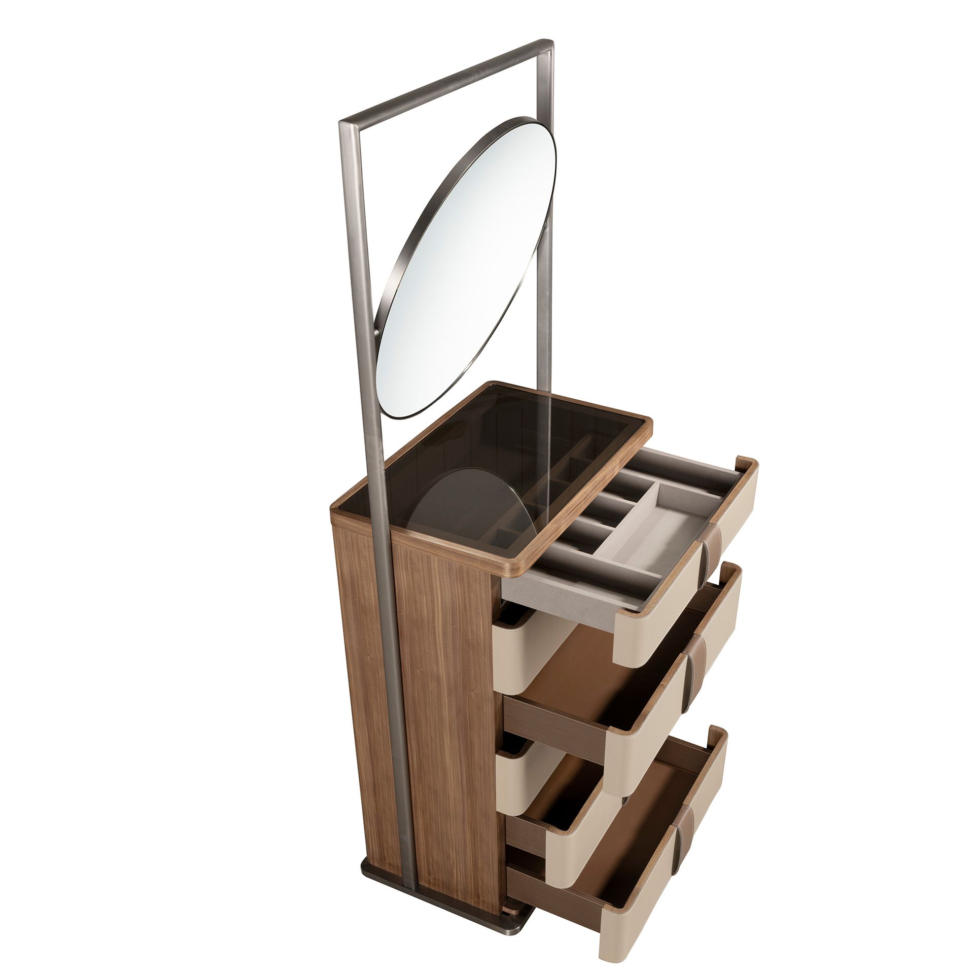 Leatherette chiffonier, walnut, grey steel and brown smoked glass top with mirror