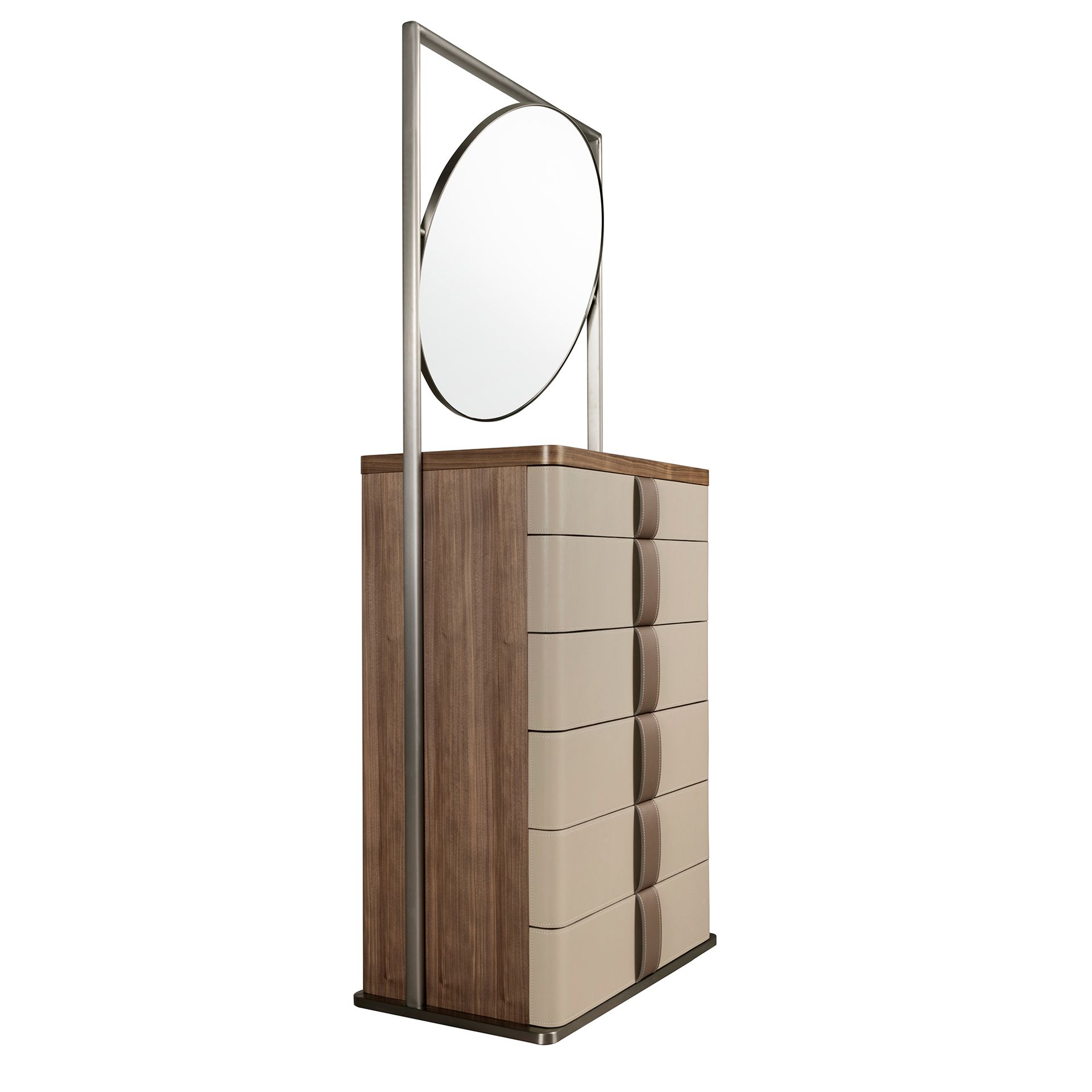 Leatherette chiffonier, walnut, grey steel and brown smoked glass top with mirror