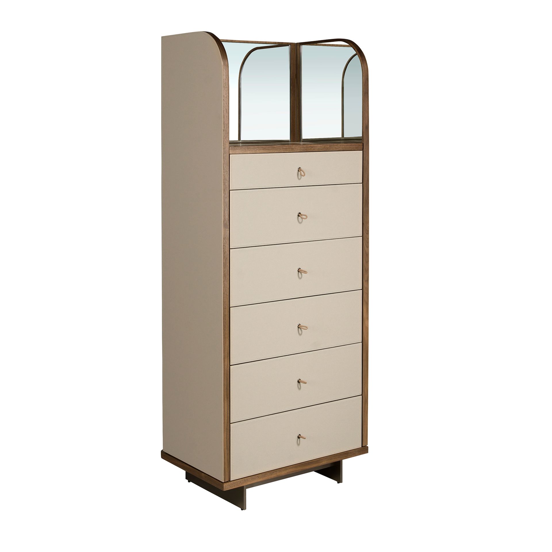 Leatherette, walnut and polished steel chest of drawers with mirror