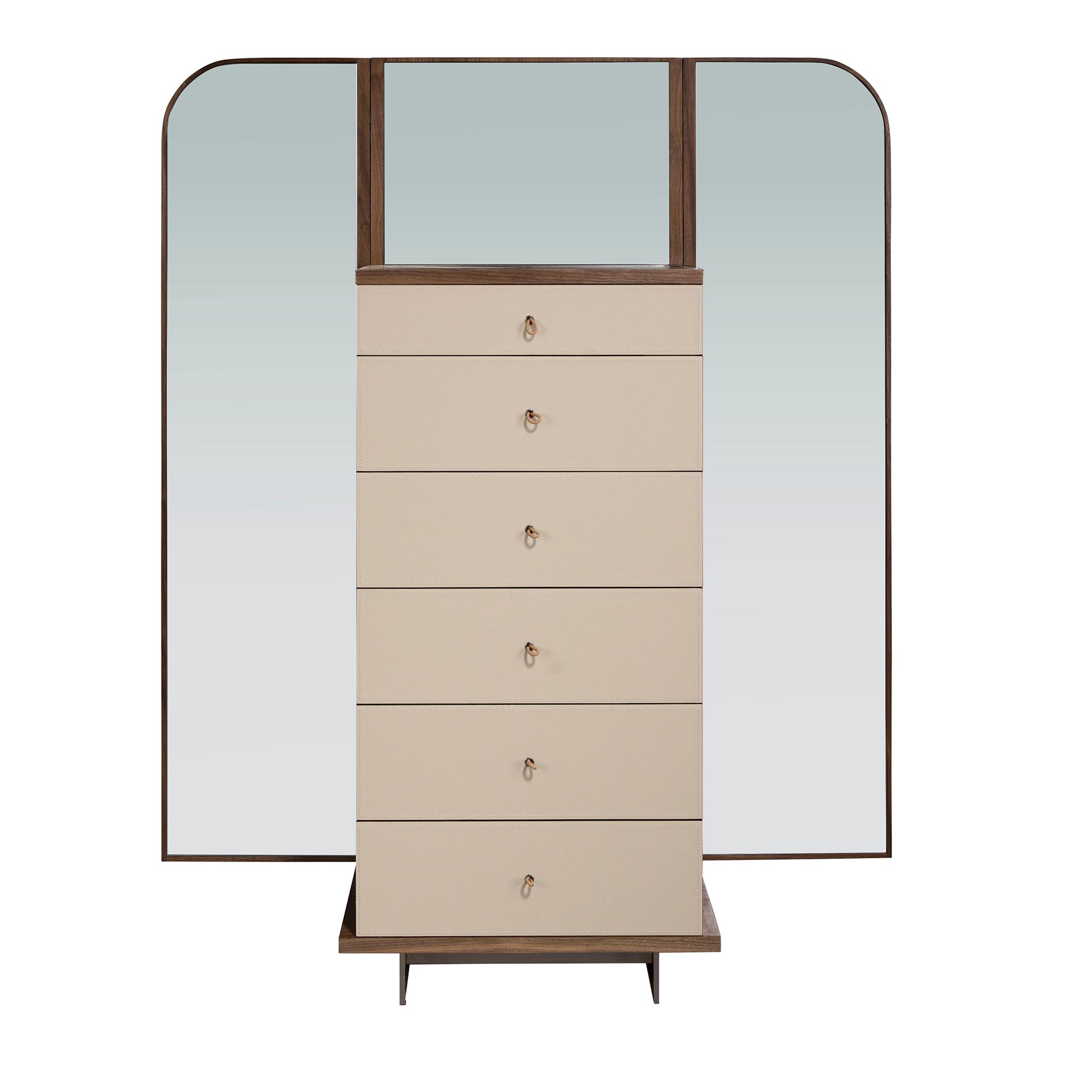 Leatherette, walnut and polished steel chest of drawers with mirror