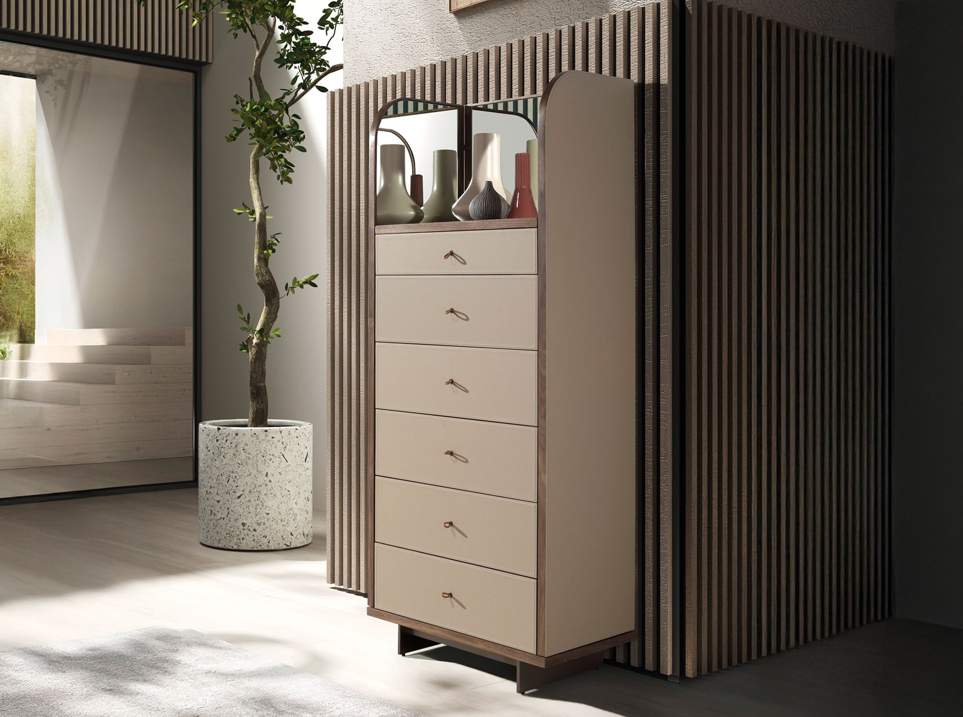 Leatherette, walnut and polished steel chest of drawers with mirror