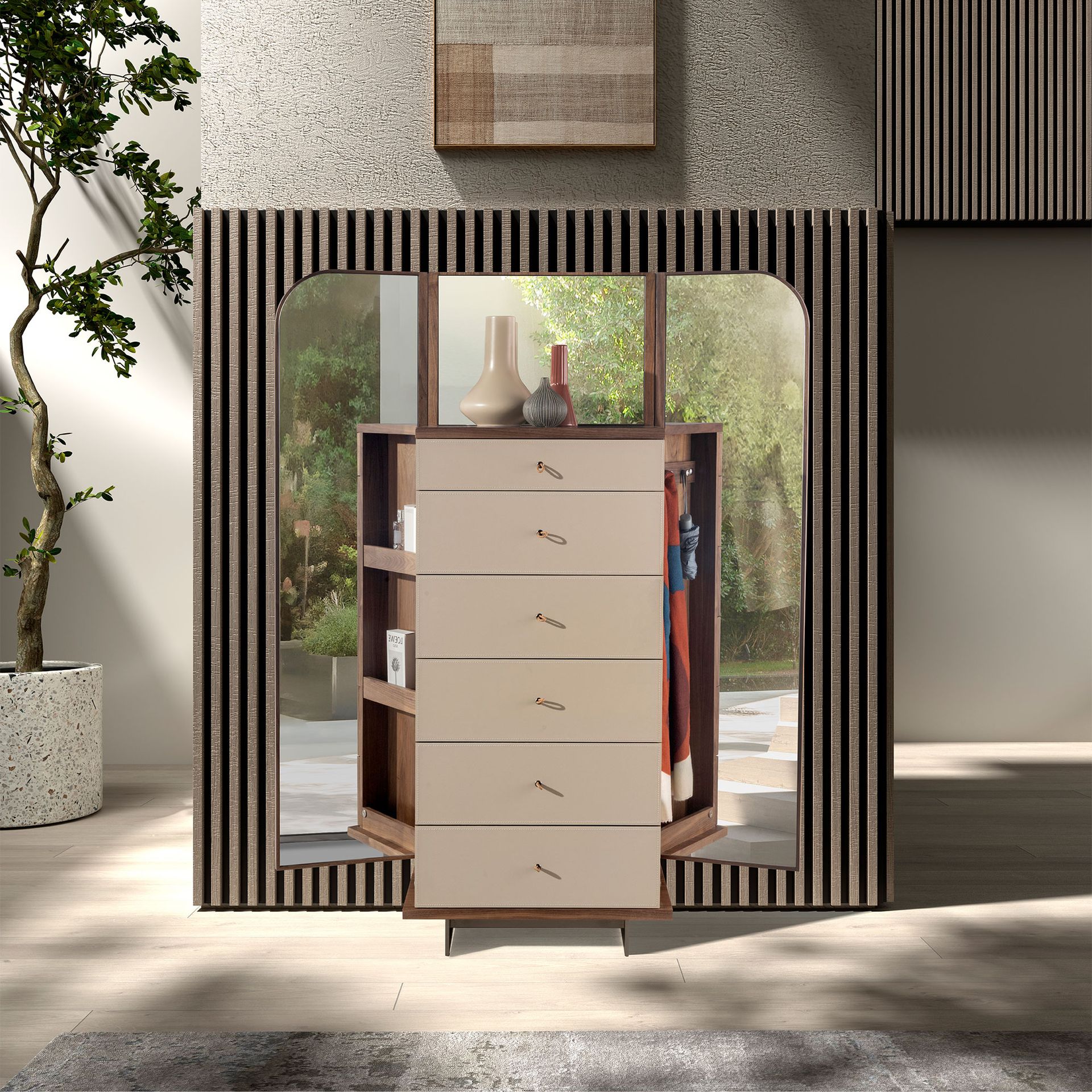 Leatherette, walnut and polished steel chest of drawers with mirror