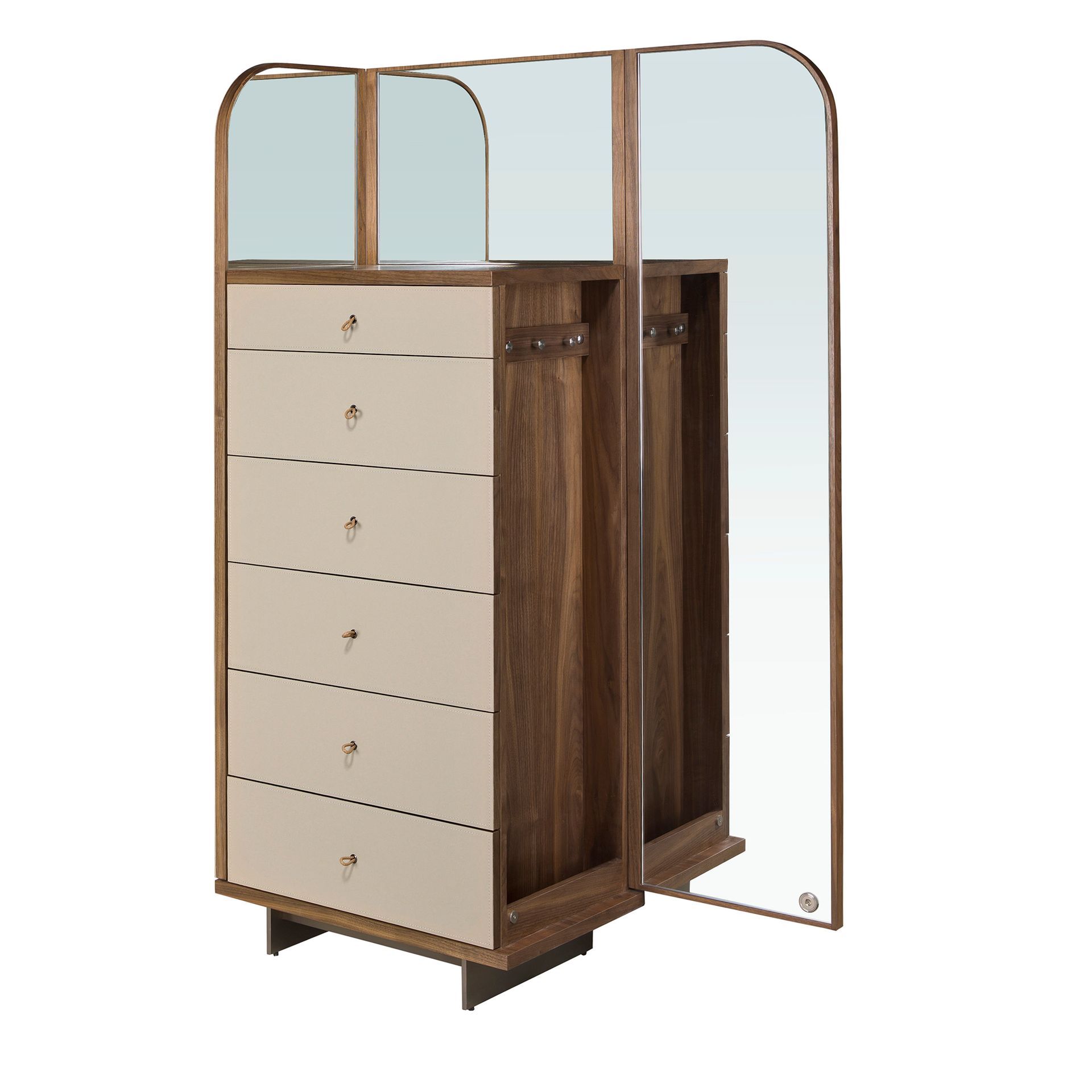 Leatherette, walnut and polished steel chest of drawers with mirror