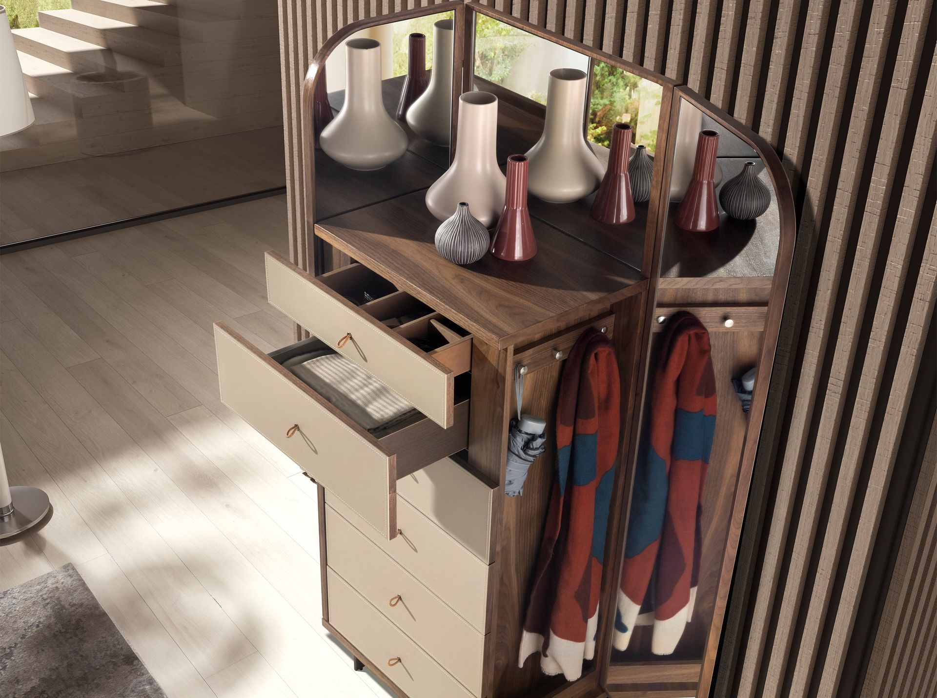 Leatherette, walnut and polished steel chest of drawers with mirror
