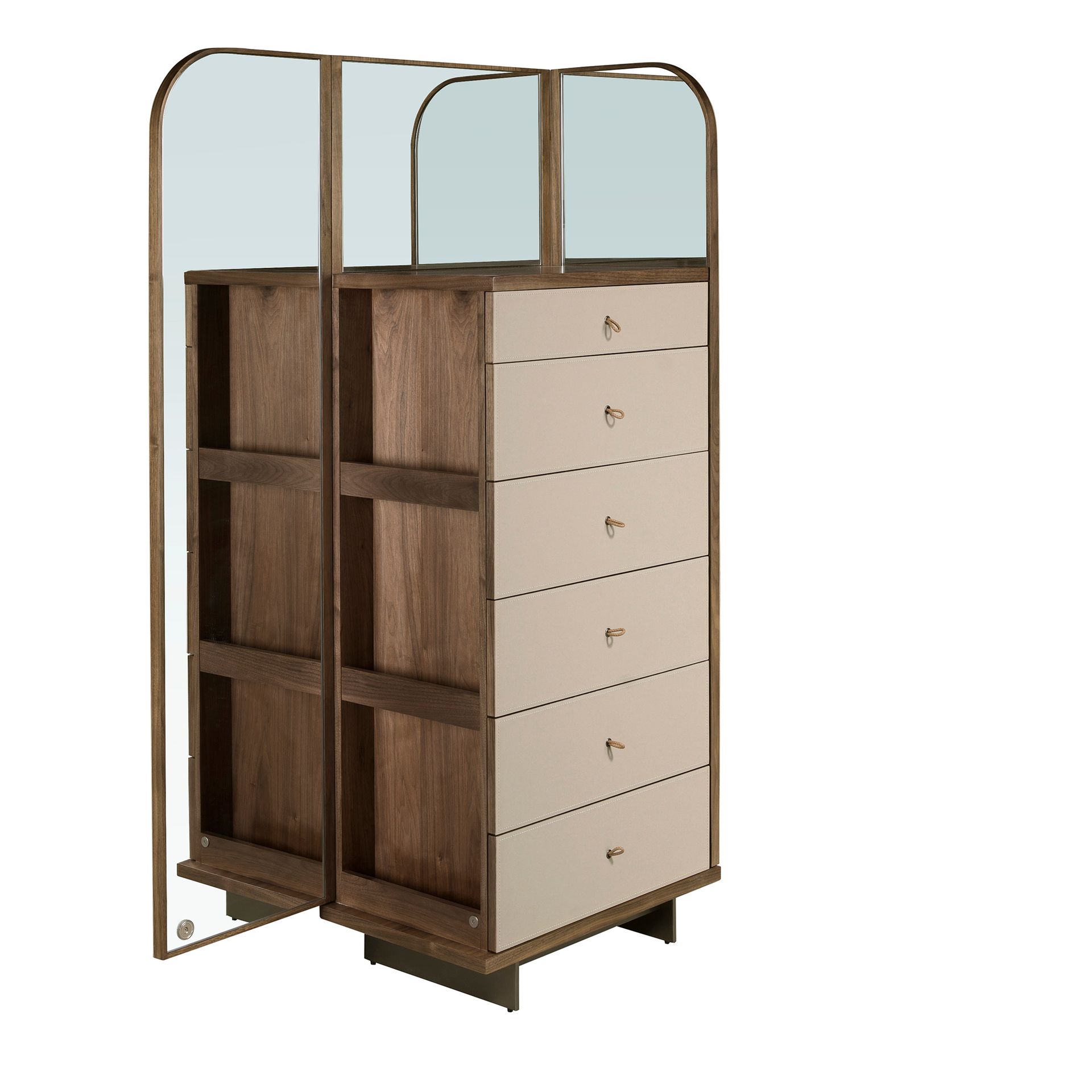 Leatherette, walnut and polished steel chest of drawers with mirror