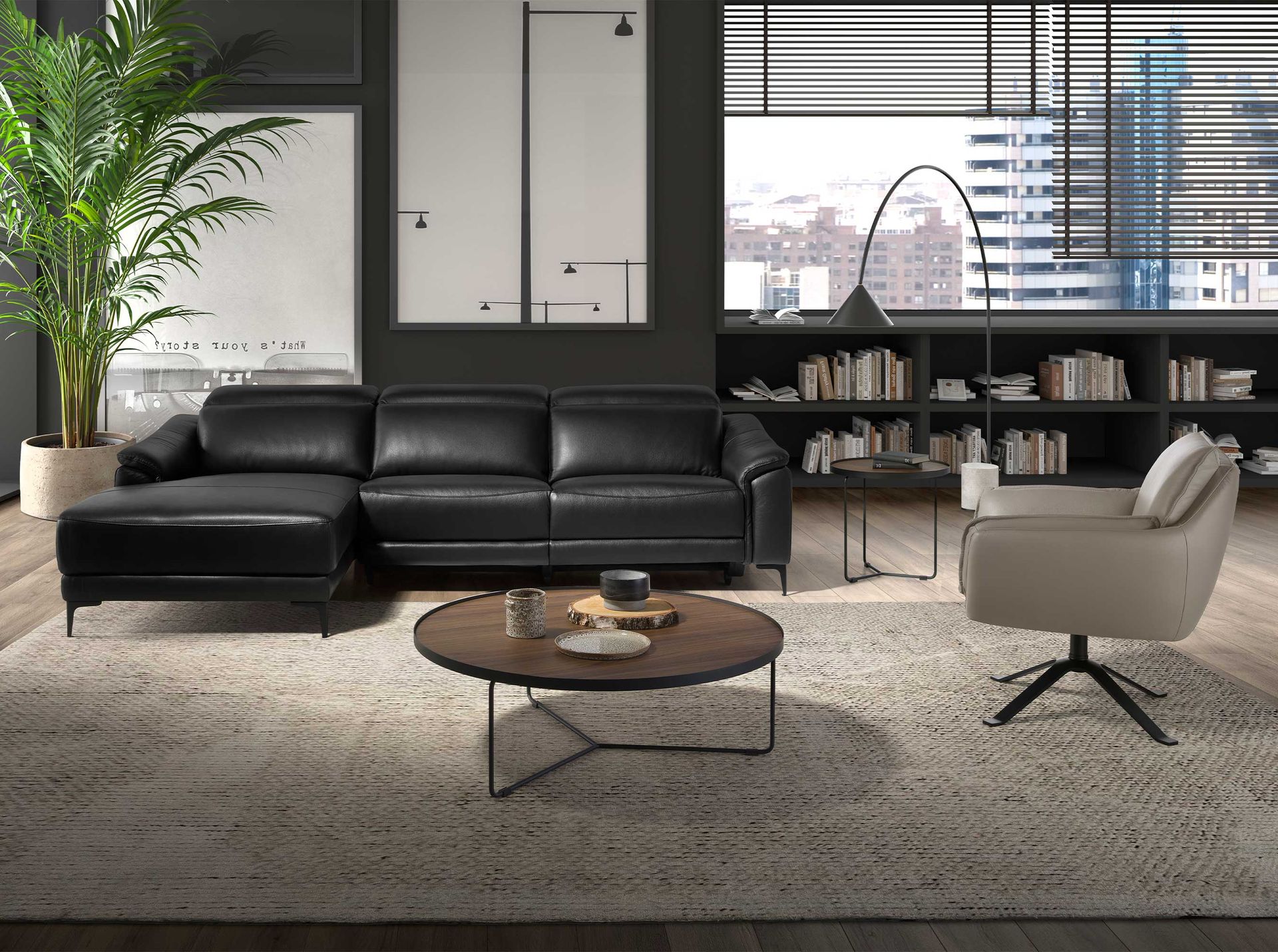 Left chaise longue relax sofa in black leather