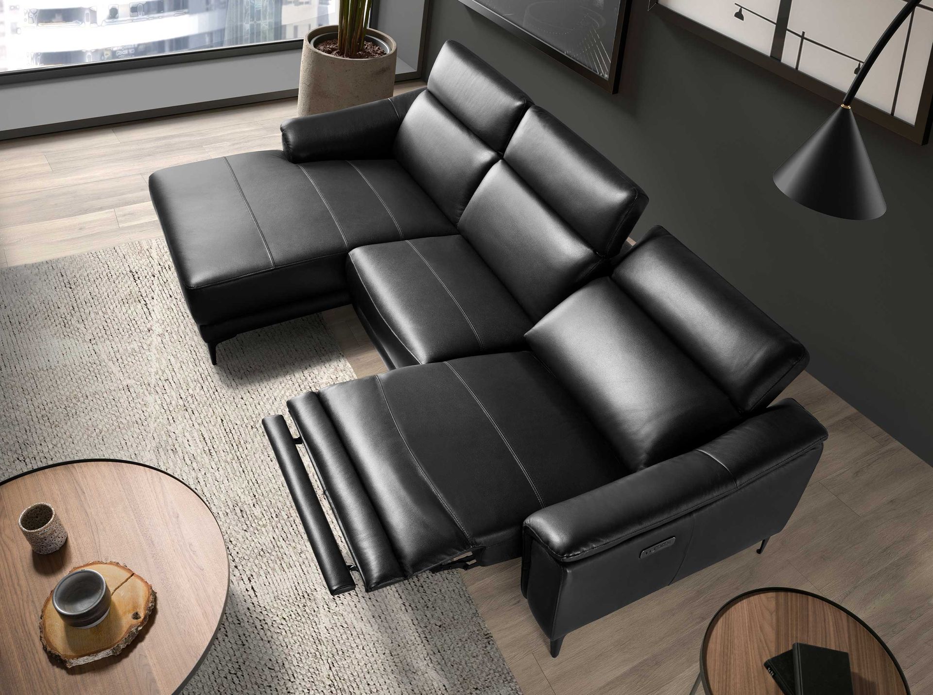 Left chaise longue relax sofa in black leather