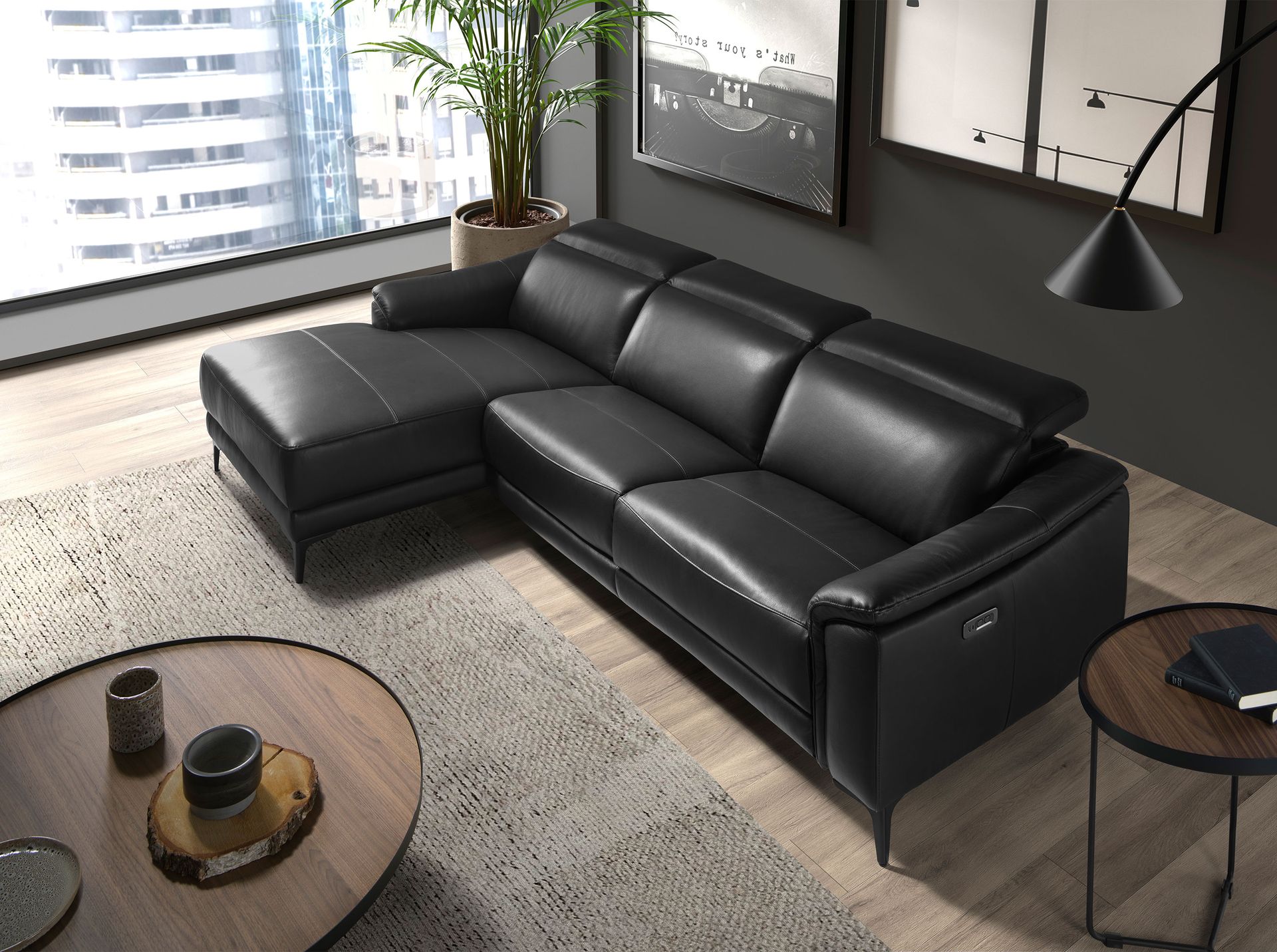 Left chaise longue relax sofa in black leather