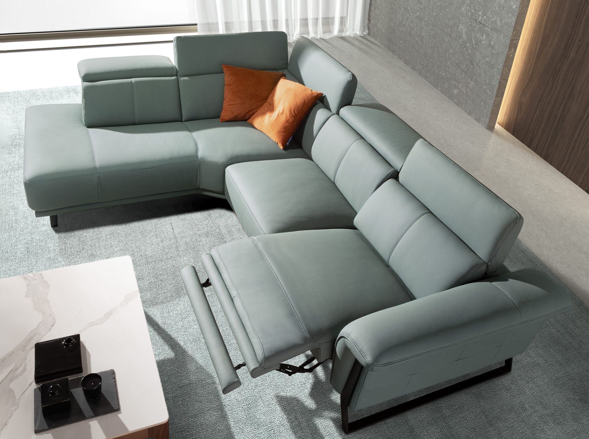 Left chaise longue relax sofa in turquoise green leather