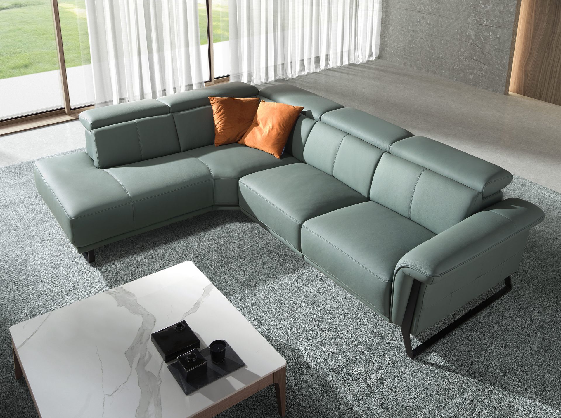 Left chaise longue relax sofa in turquoise green leather