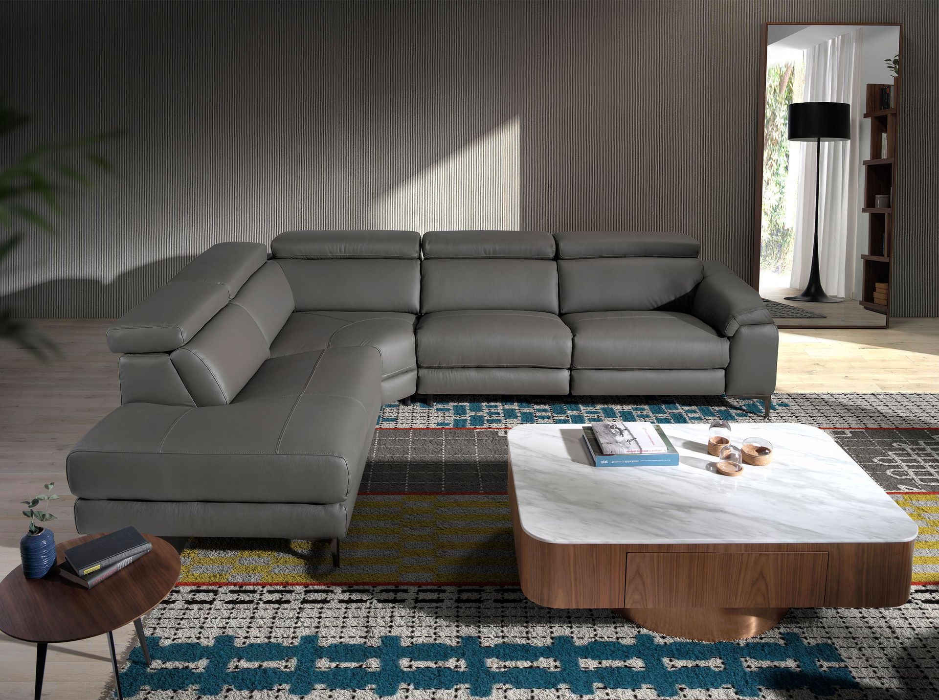 Left chaise longue relaxation sofa in dark grey leather