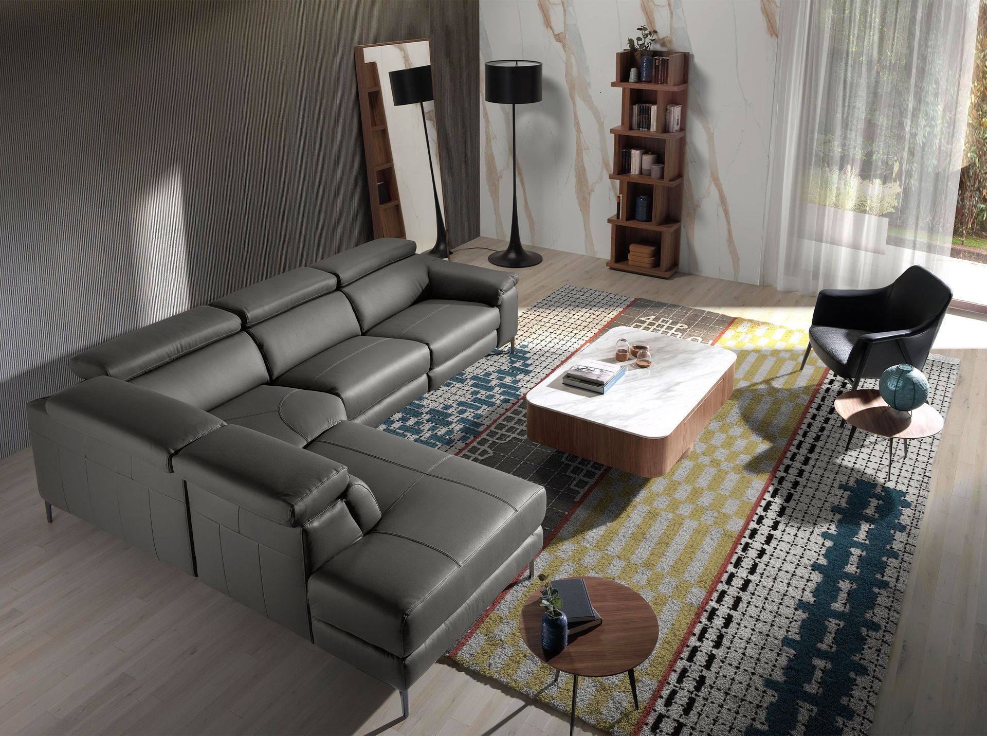 Left chaise longue relaxation sofa in dark grey leather