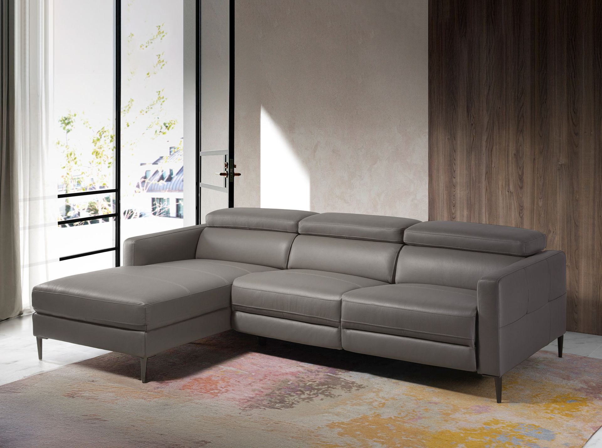 Left chaise longue relaxation sofa in dark grey leather