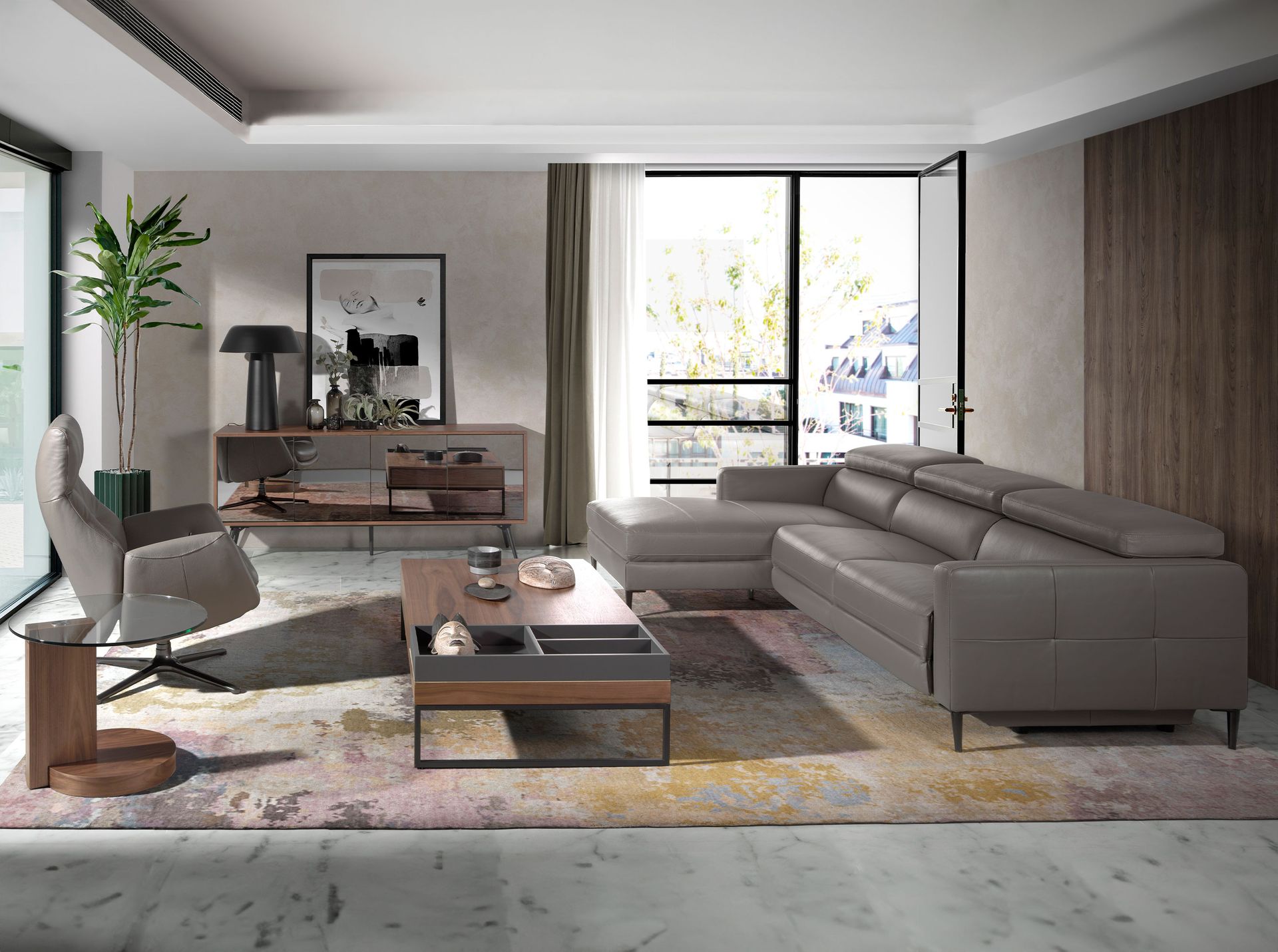 Left chaise longue relaxation sofa in dark grey leather