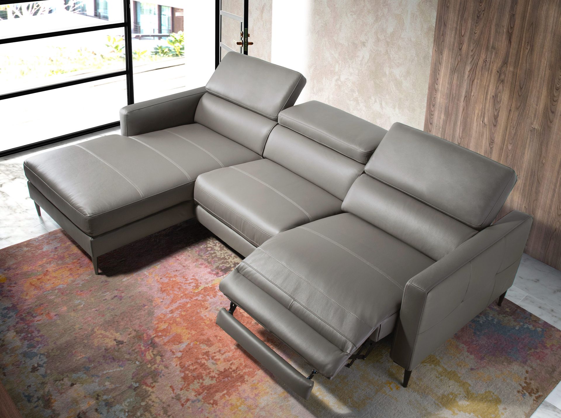 Left chaise longue relaxation sofa in dark grey leather