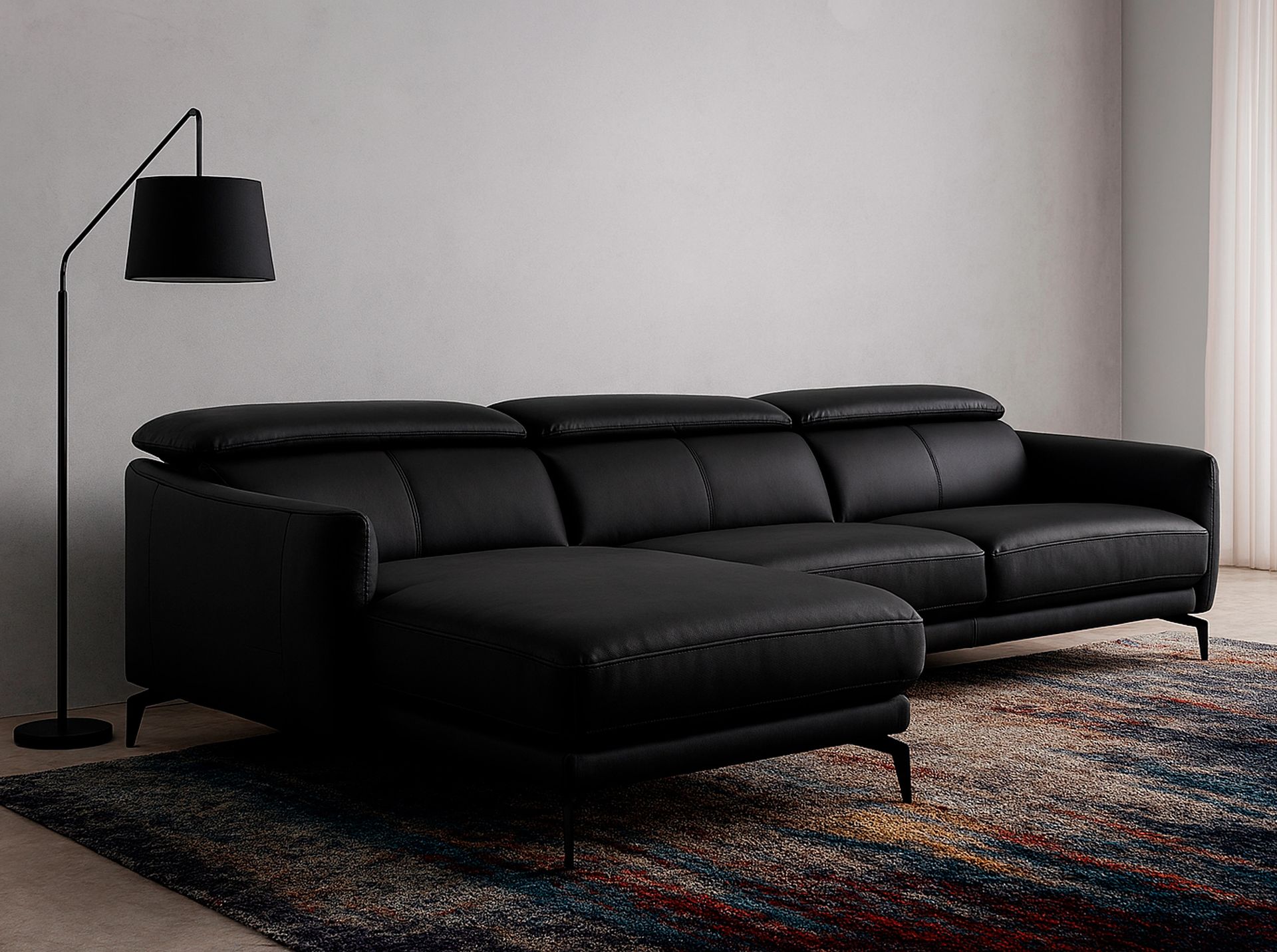 Left chaise longue sofa in black leather