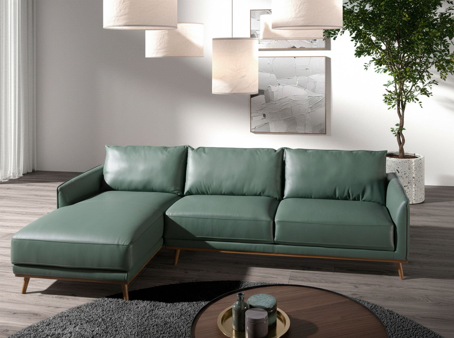 Left chaise longue sofa in green leather