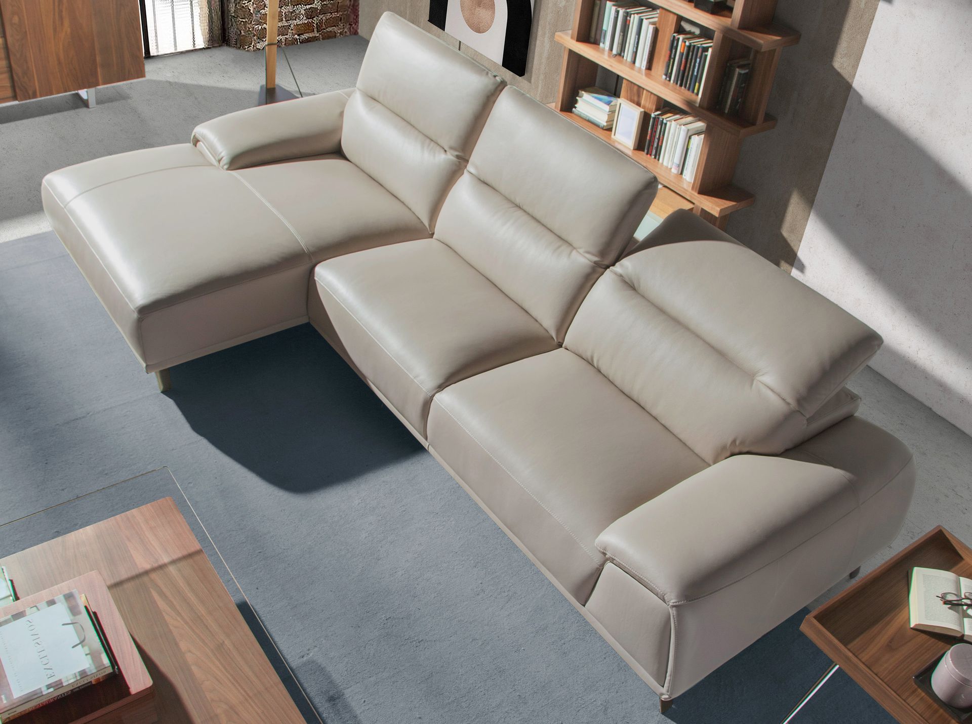 Left chaise longue sofa in taupe grey leather
