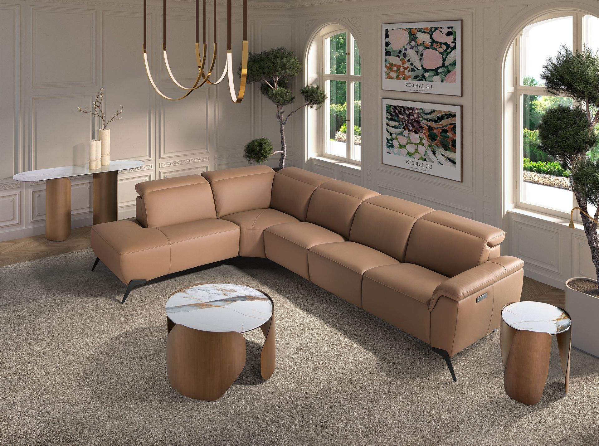 Left modular chaise longue recliner sofa in brown leather