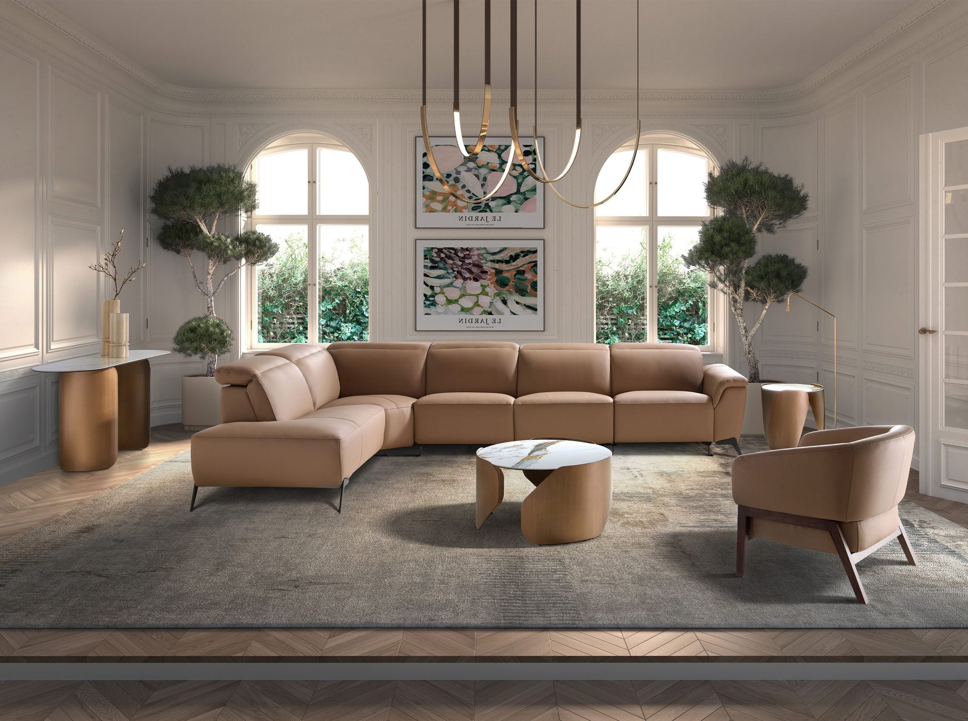 Left modular chaise longue recliner sofa in brown leather