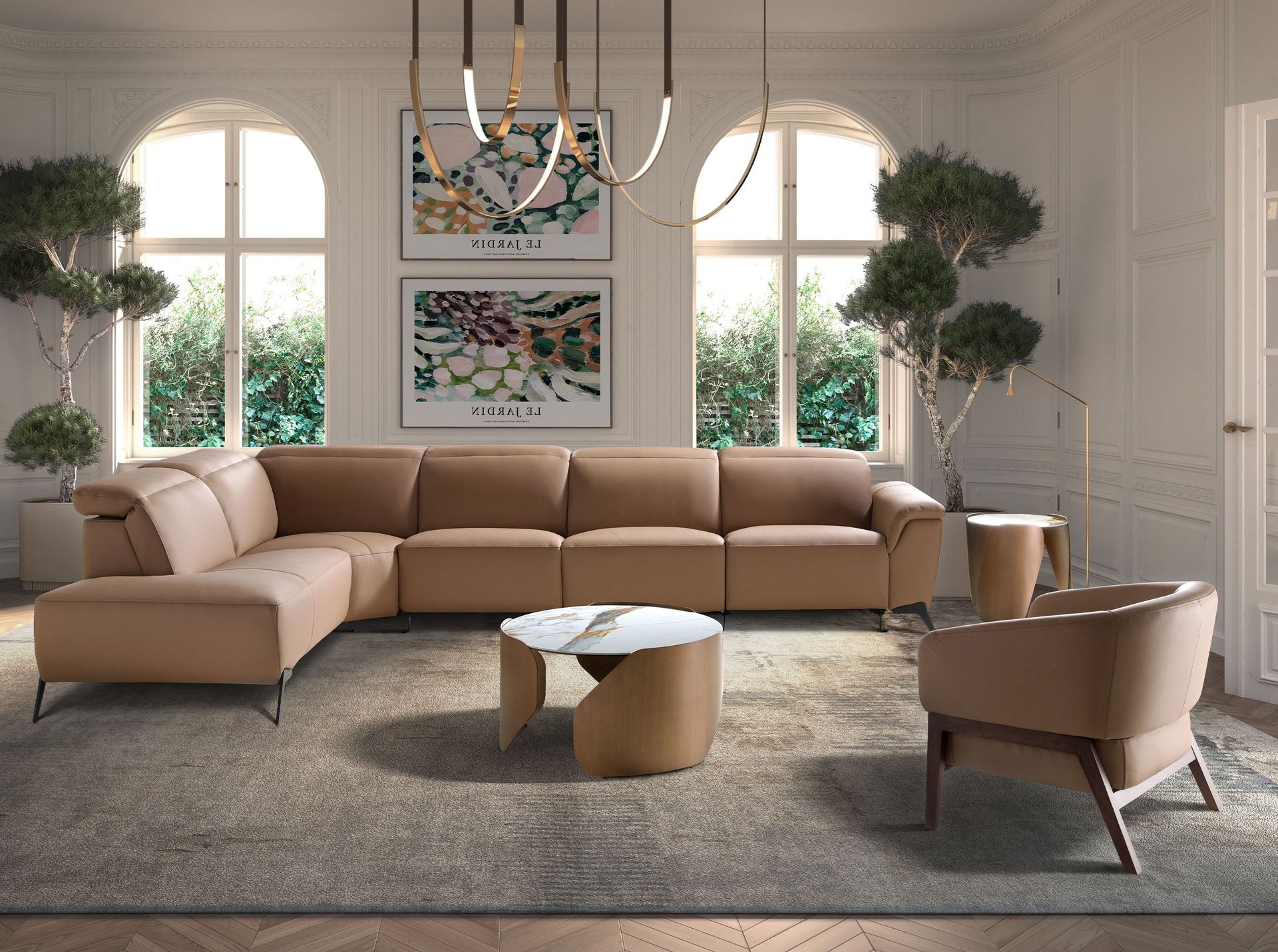 Left modular chaise longue recliner sofa in brown leather