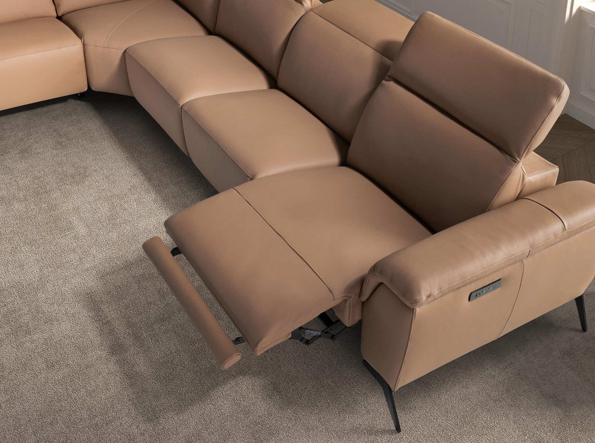 Left modular chaise longue recliner sofa in brown leather