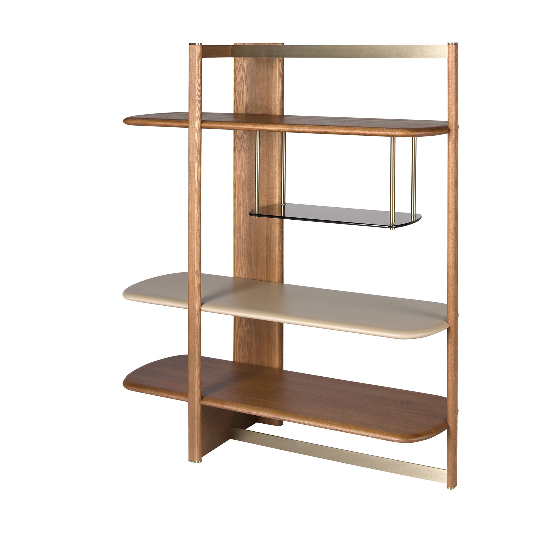 Left rectangular shelving unit in light walnut and greige-coloured wood