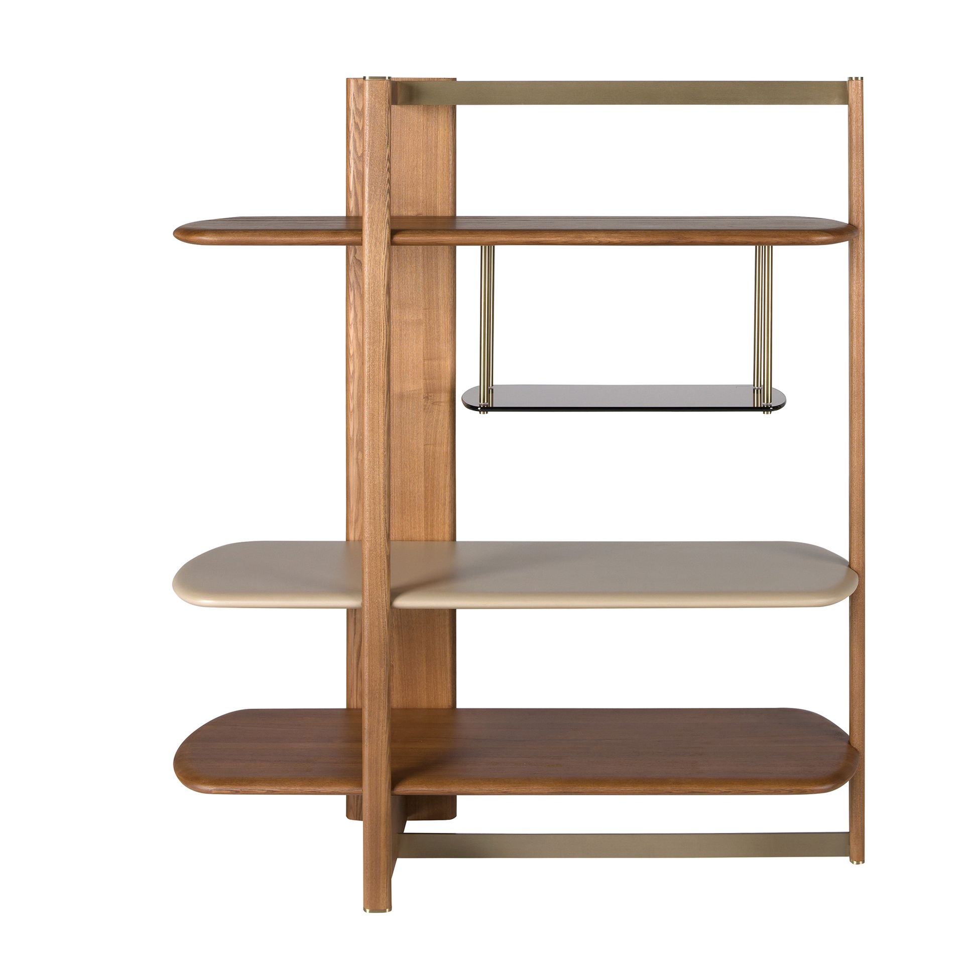 Left rectangular shelving unit in light walnut and greige-coloured wood