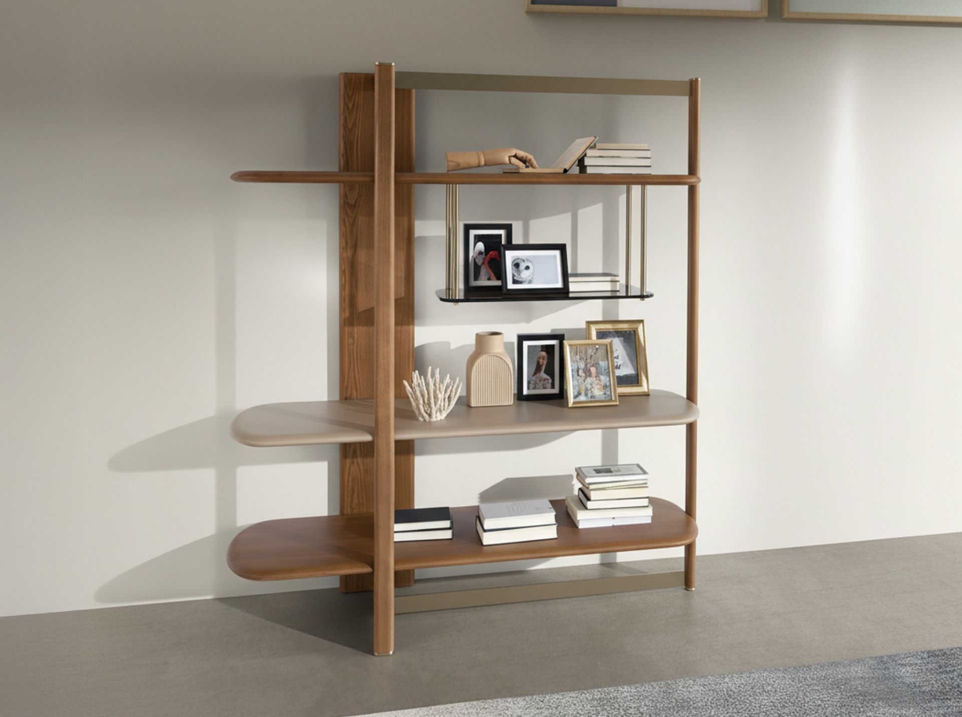 Left rectangular shelving unit in light walnut and greige-coloured wood