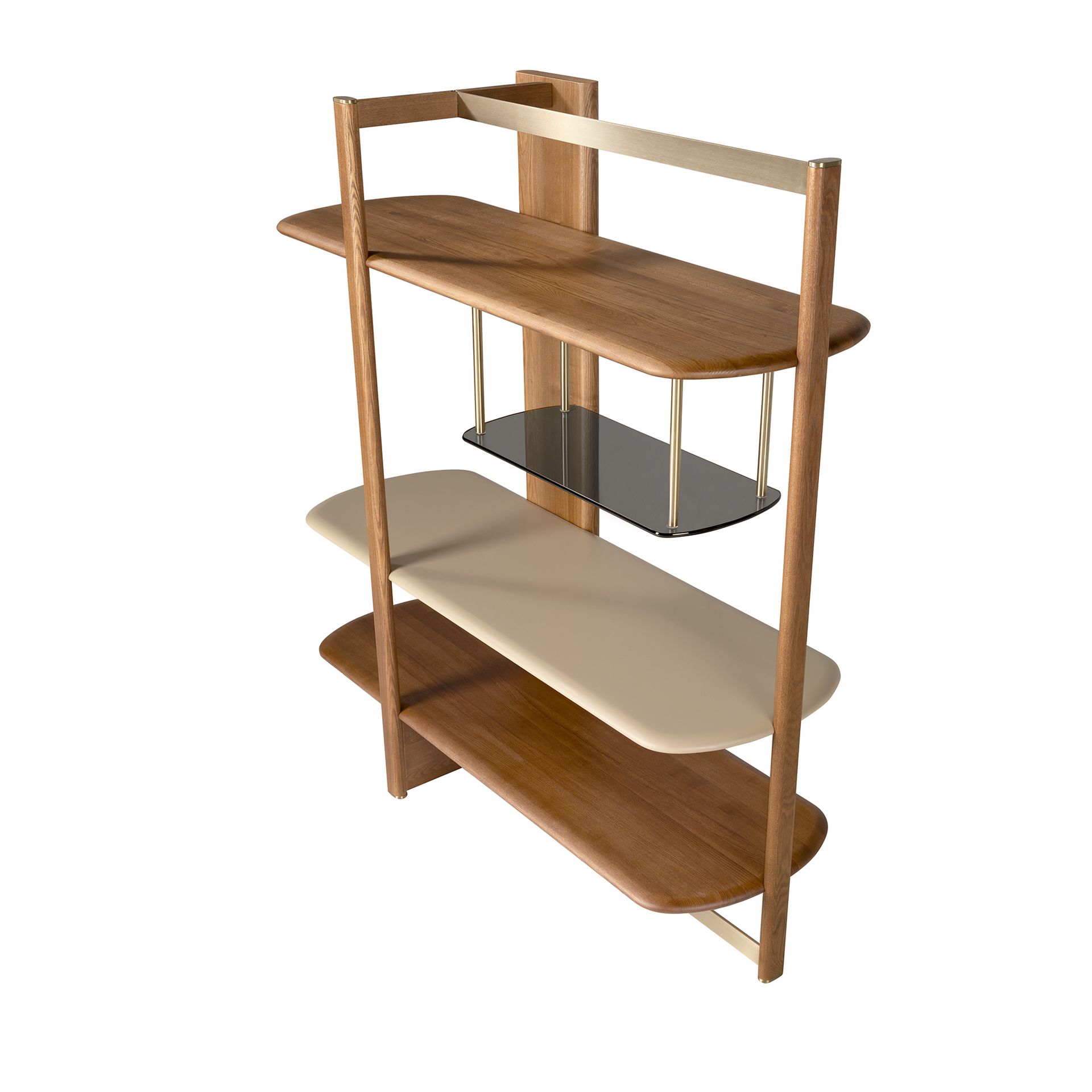 Left rectangular shelving unit in light walnut and greige-coloured wood